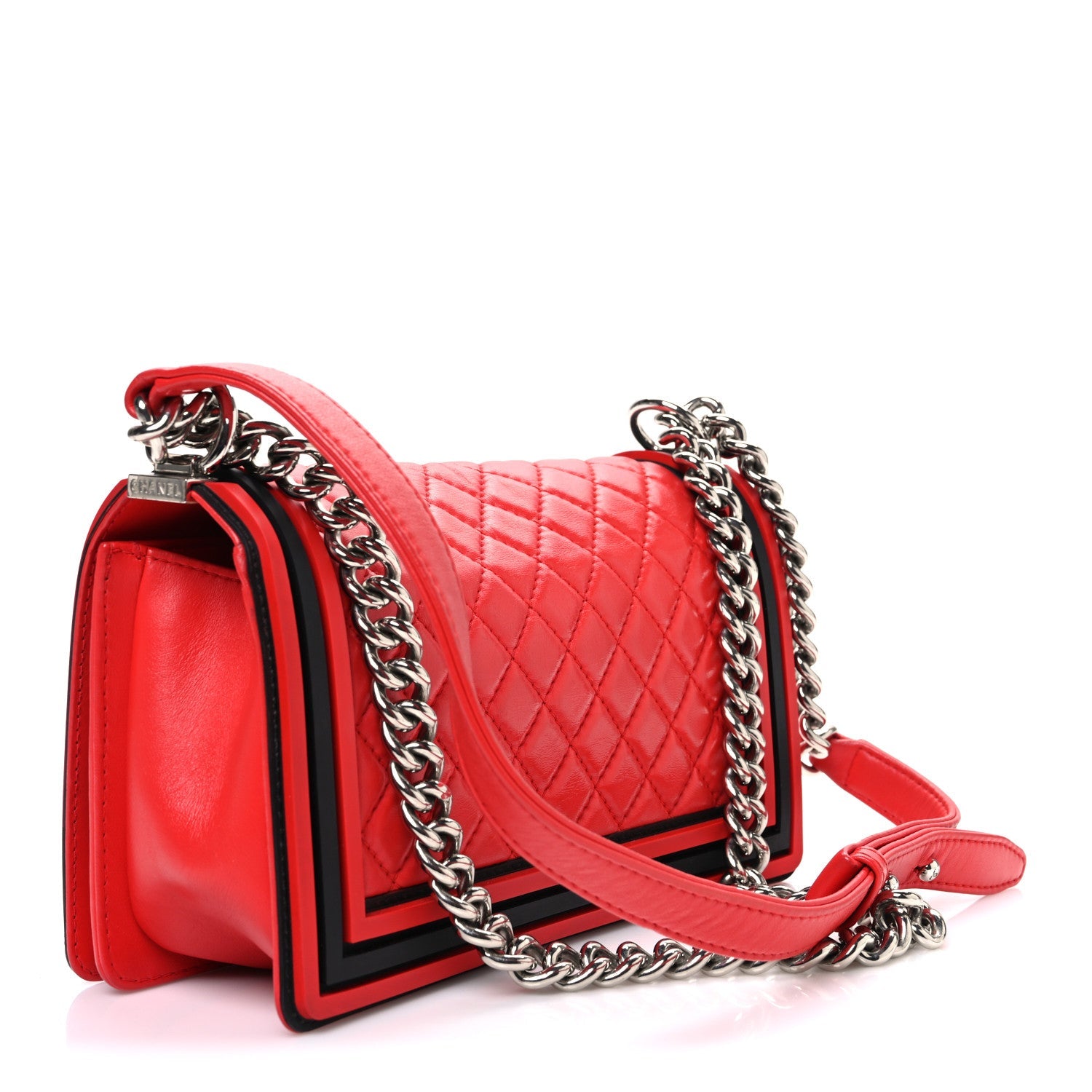 Lambskin Rubber Quilted Medium Two Tone Boy Flap Red Black