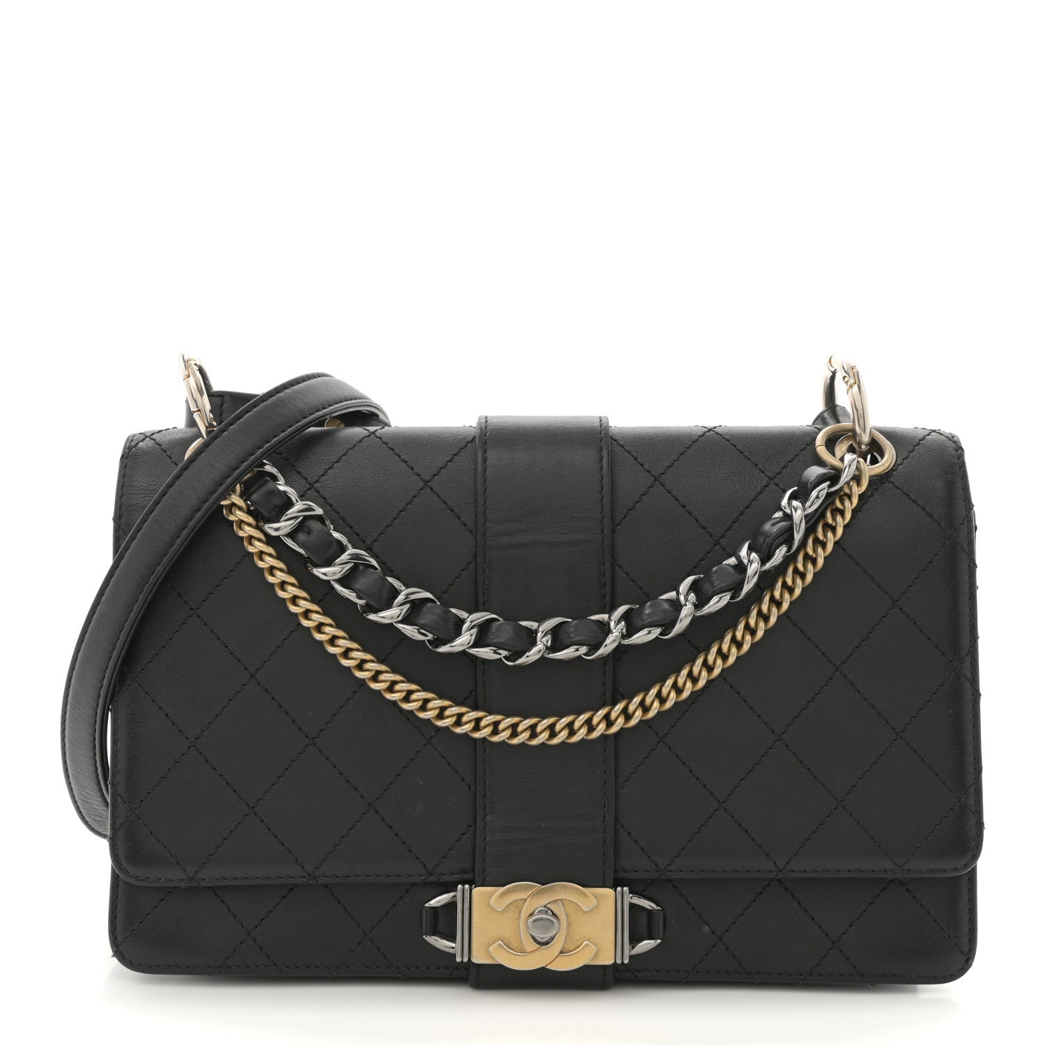 Calfskin Stitched Multi Chain Flap Bag Black