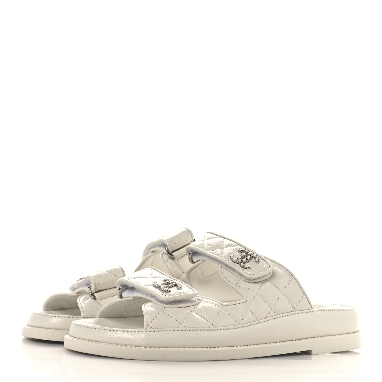 Lambskin Quilted Velcro Dad Chain CC Slide Sandals 38 White