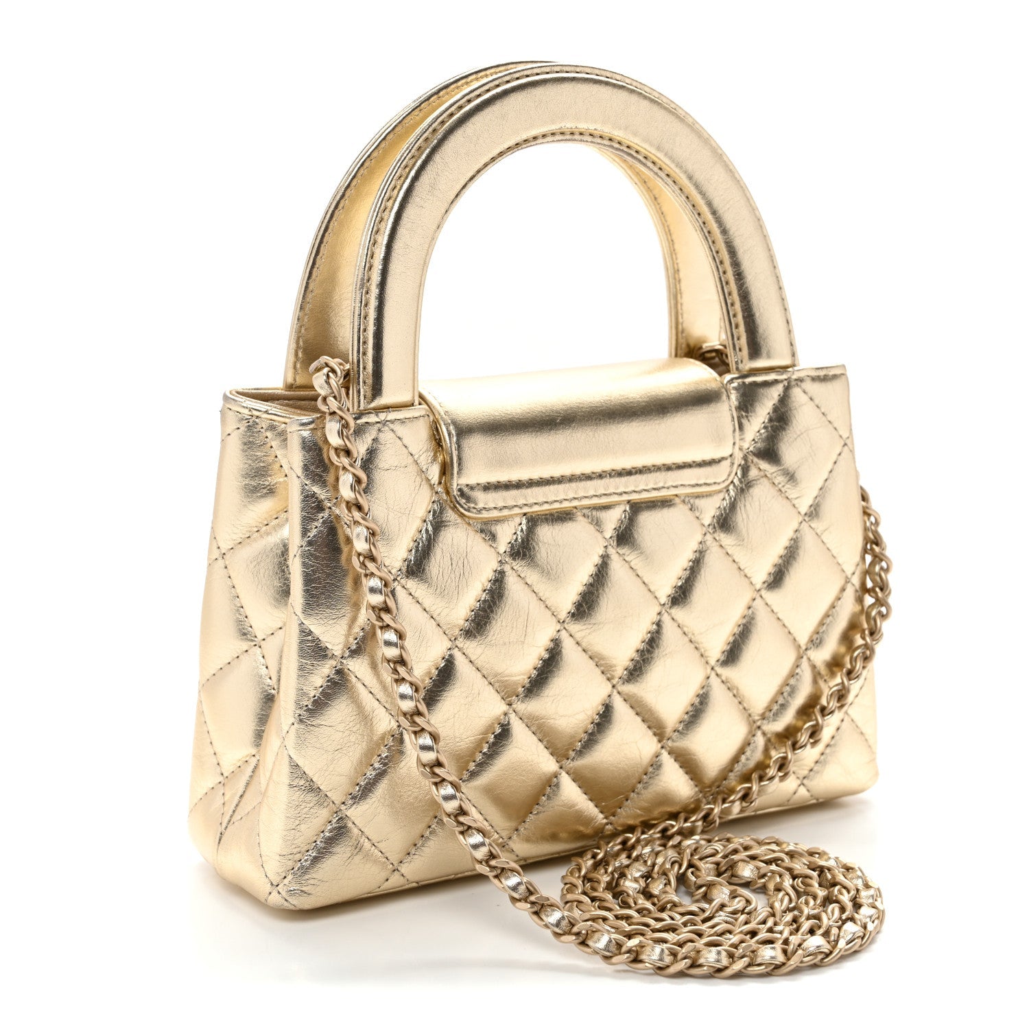 Metallic Shiny Aged Calfskin Quilted Nano Kelly Shopper Gold