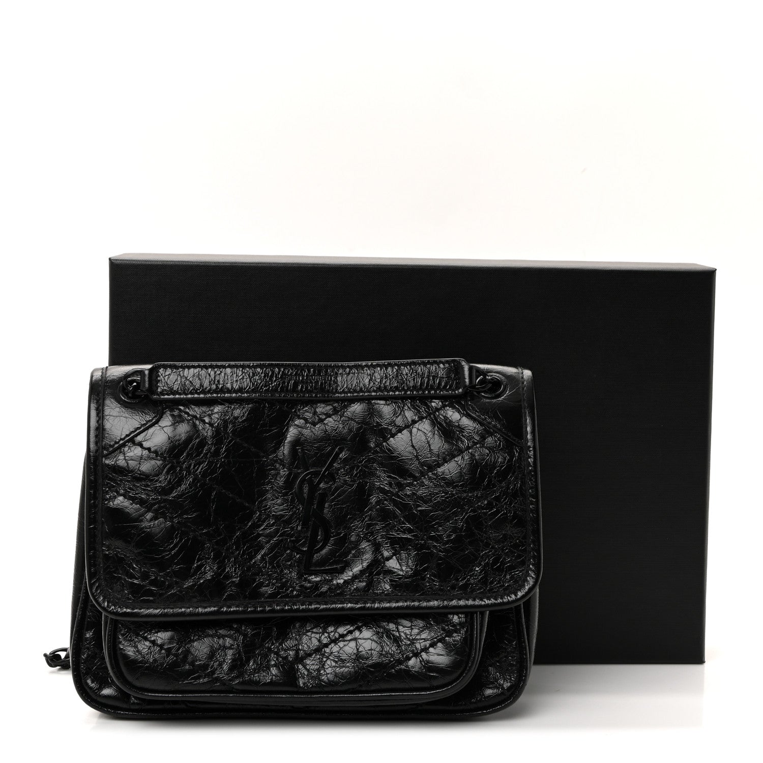 Crinkled Calfskin Matelasse Monogram Baby Niki Chain Satchel Black