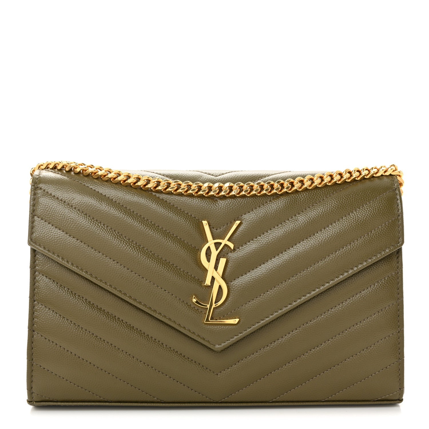 Grain De Poudre Matelasse Chevron Monogram Chain Wallet Vert Kaki