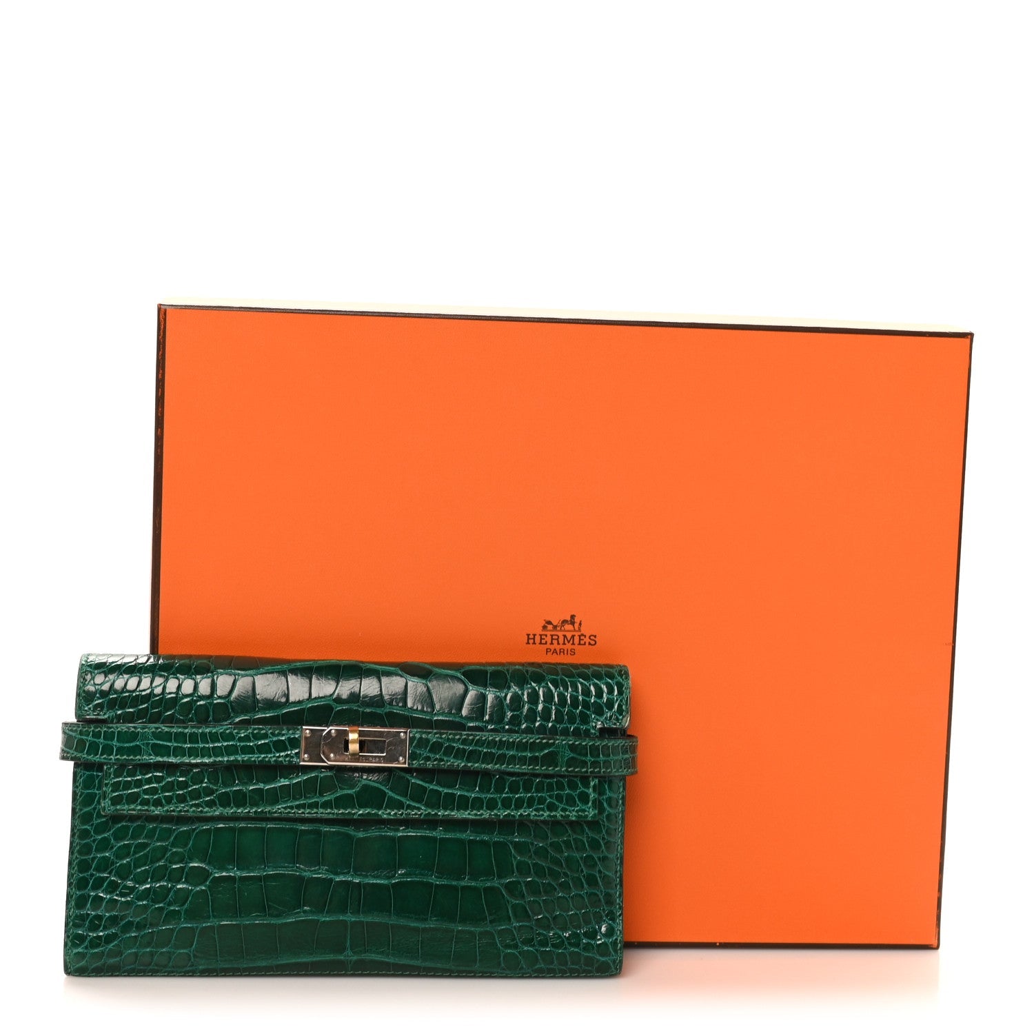Shiny Alligator Kelly Tri-Fold Longue Wallet Vert Emeraude