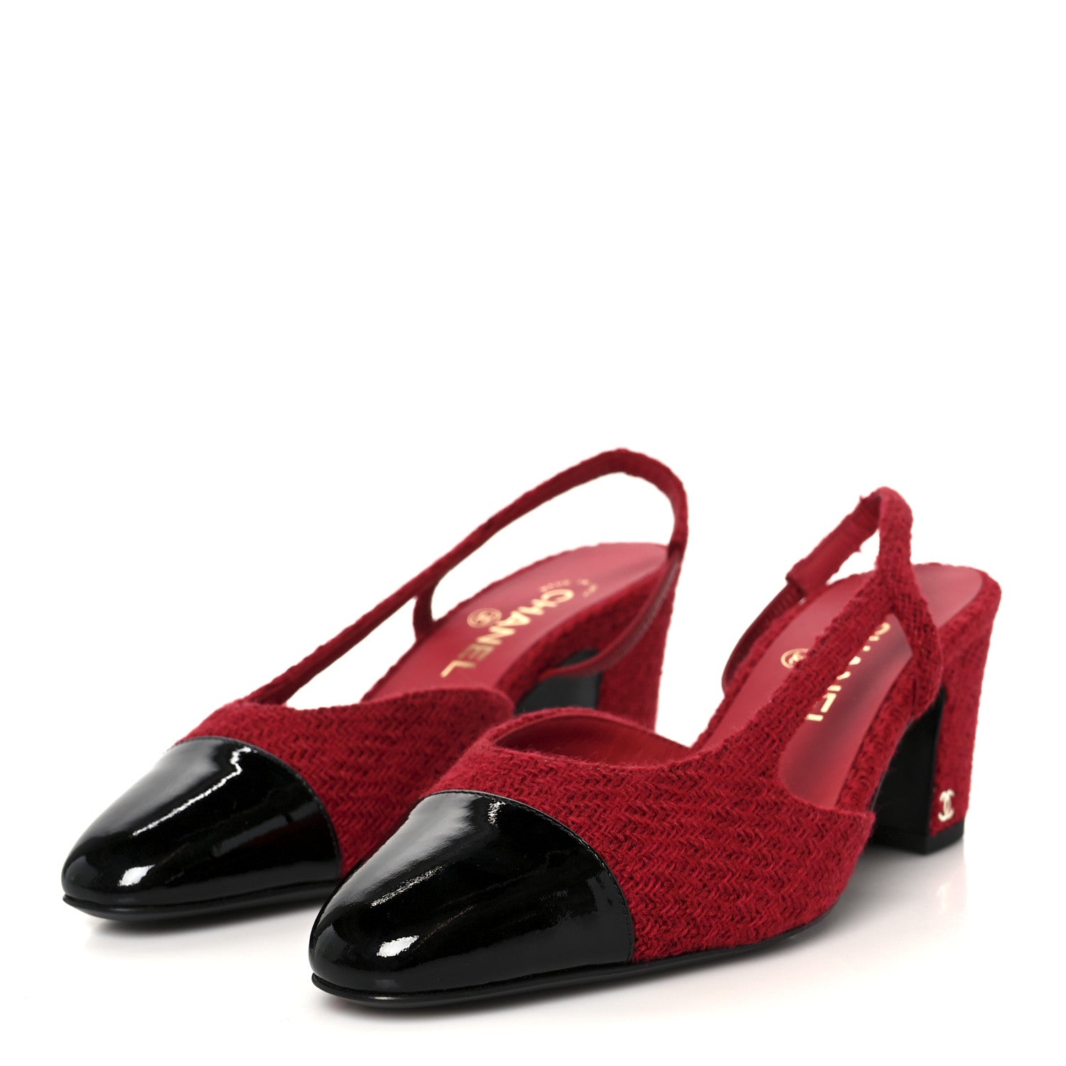 Tweed Patent Cap Toe CC Slingback Pumps 38.5 Red Black