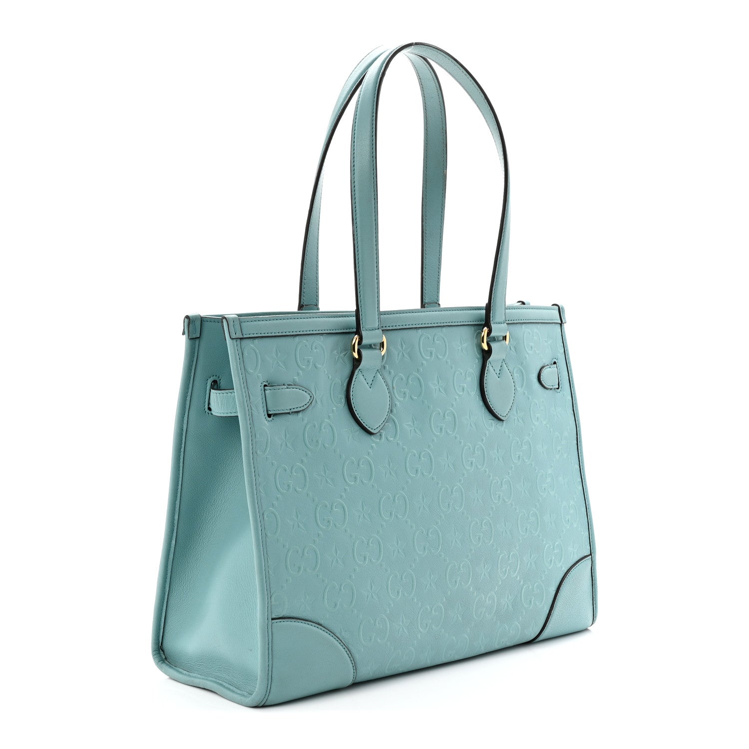 Wonka Grain Calfskin GG Monogram Star Embossed Medium GG Tote Dusty Azure