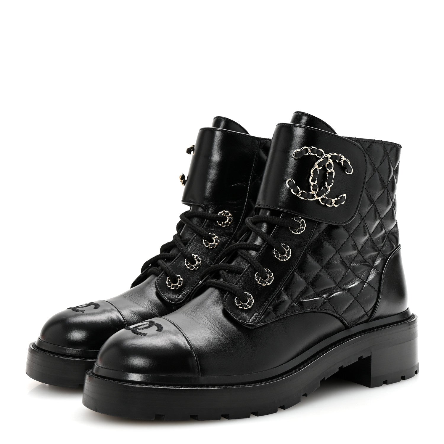 Shiny Lambskin Quilted Lace Up Combat Boots 39 Black