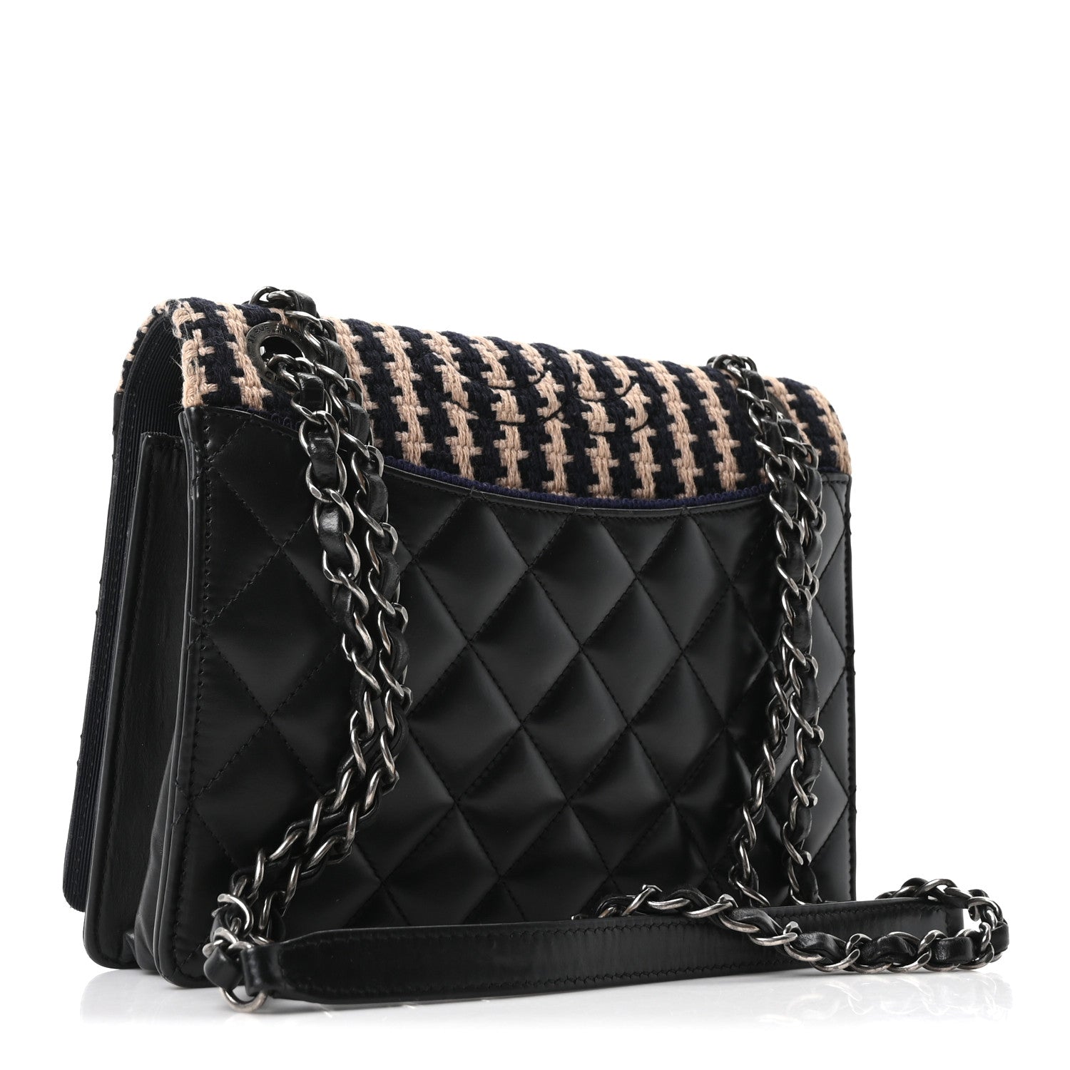 Tweed Calfskin Quilted Ballerine Flap Black Navy Beige
