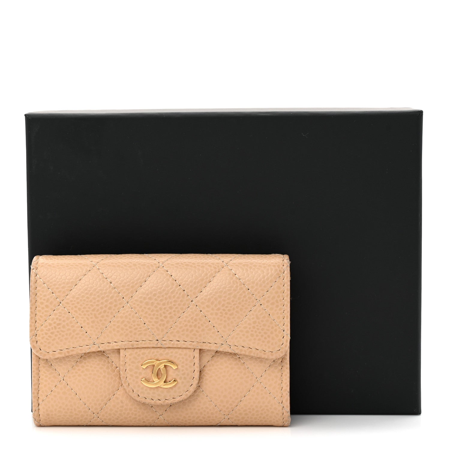 Caviar Quilted Flap Card Holder Wallet Beige