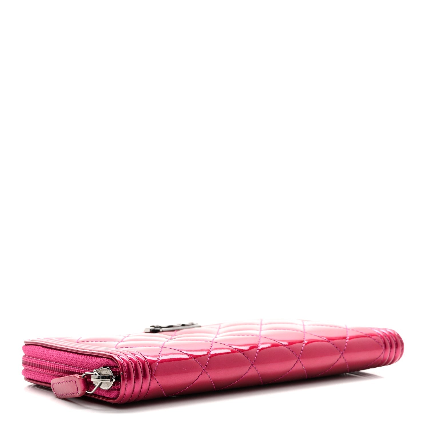 Metallic Patent Calfskin Quilted Boy L-Gusset Zip Wallet Pink