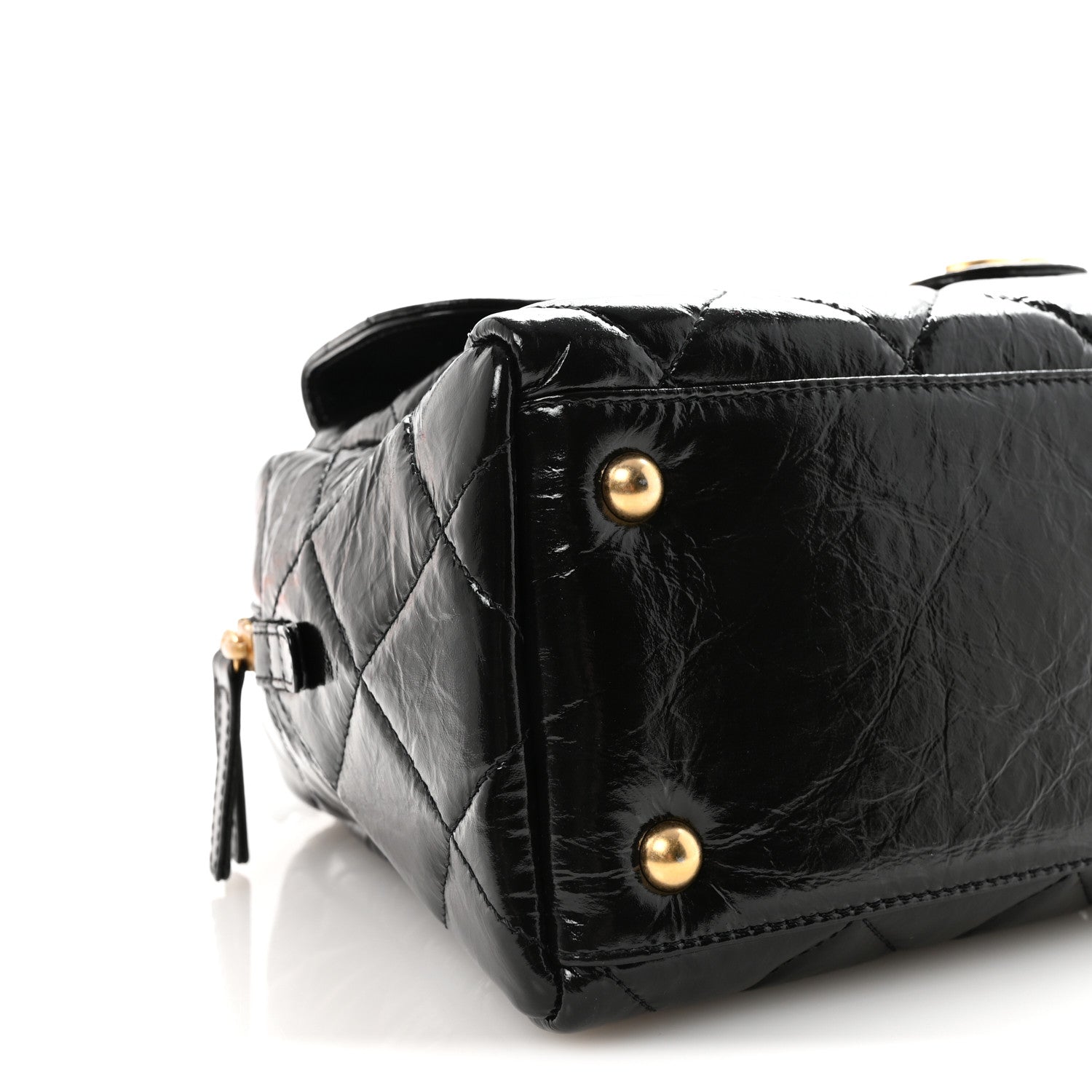 Shiny Crumpled Calfskin Quilted Large Bowling Bag Black