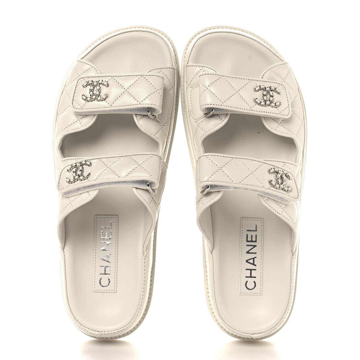 Lambskin Quilted Velcro Dad Chain CC Slide Sandals 38 White