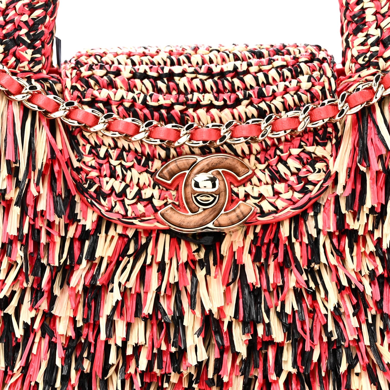 Raffia Fringe Nano Kelly Shopper Red Beige Black