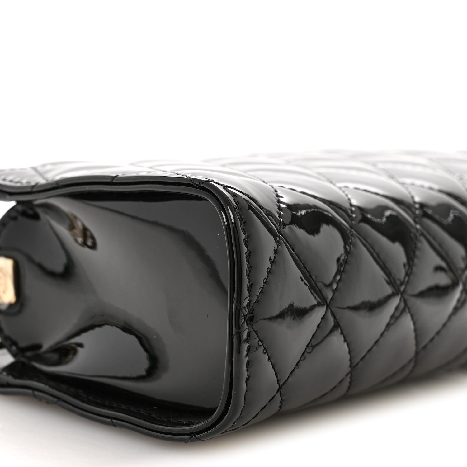 Patent Calfskin Quilted Pearl Clutch With Chain Black
