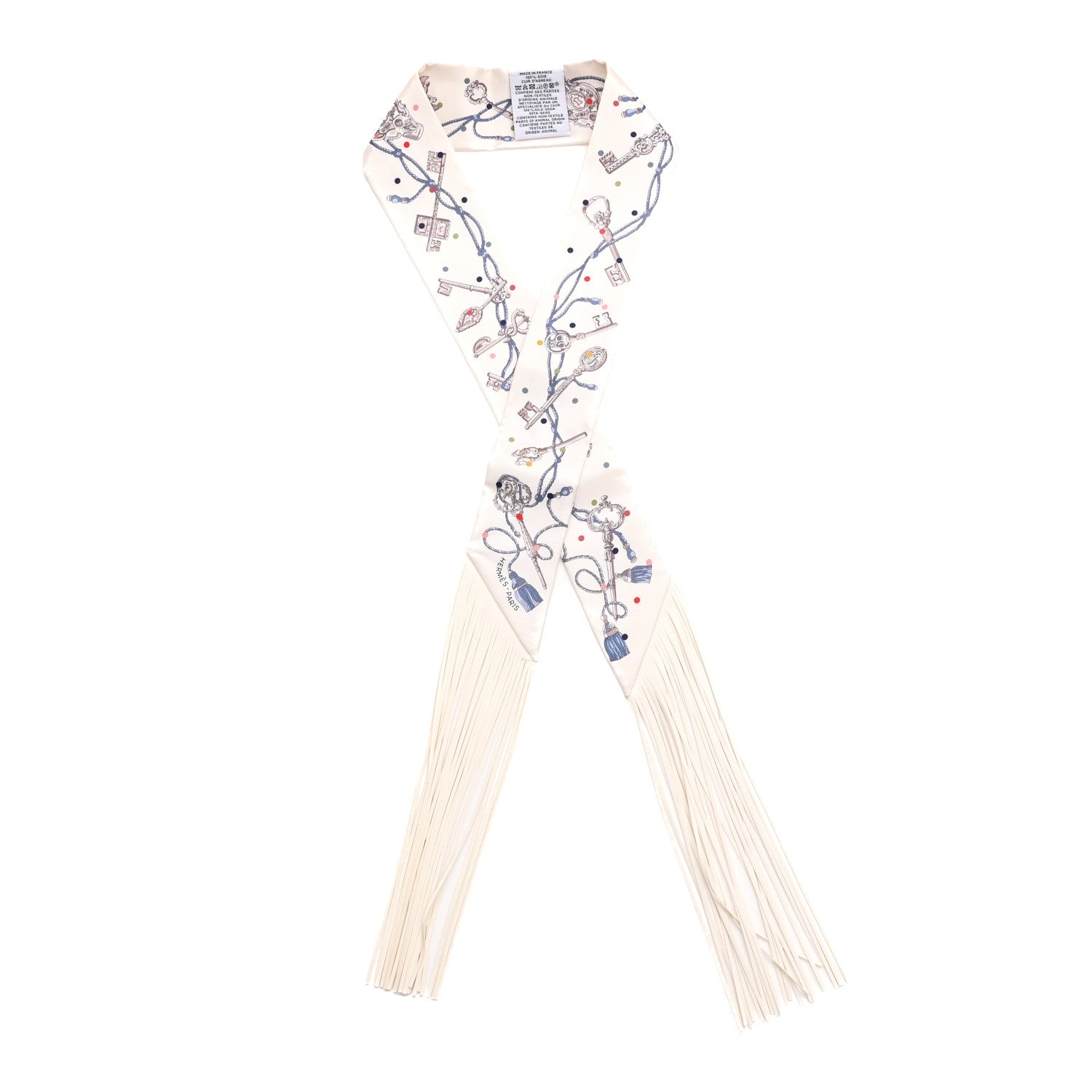 Silk Calfskin Les Cles A Pois Fringed Twilly Creme Gris Perle Multicolor
