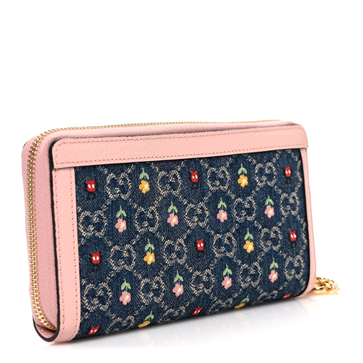 New Denim GG Monogram Calfskin Love Parade Zip Around Wallet Light Pink