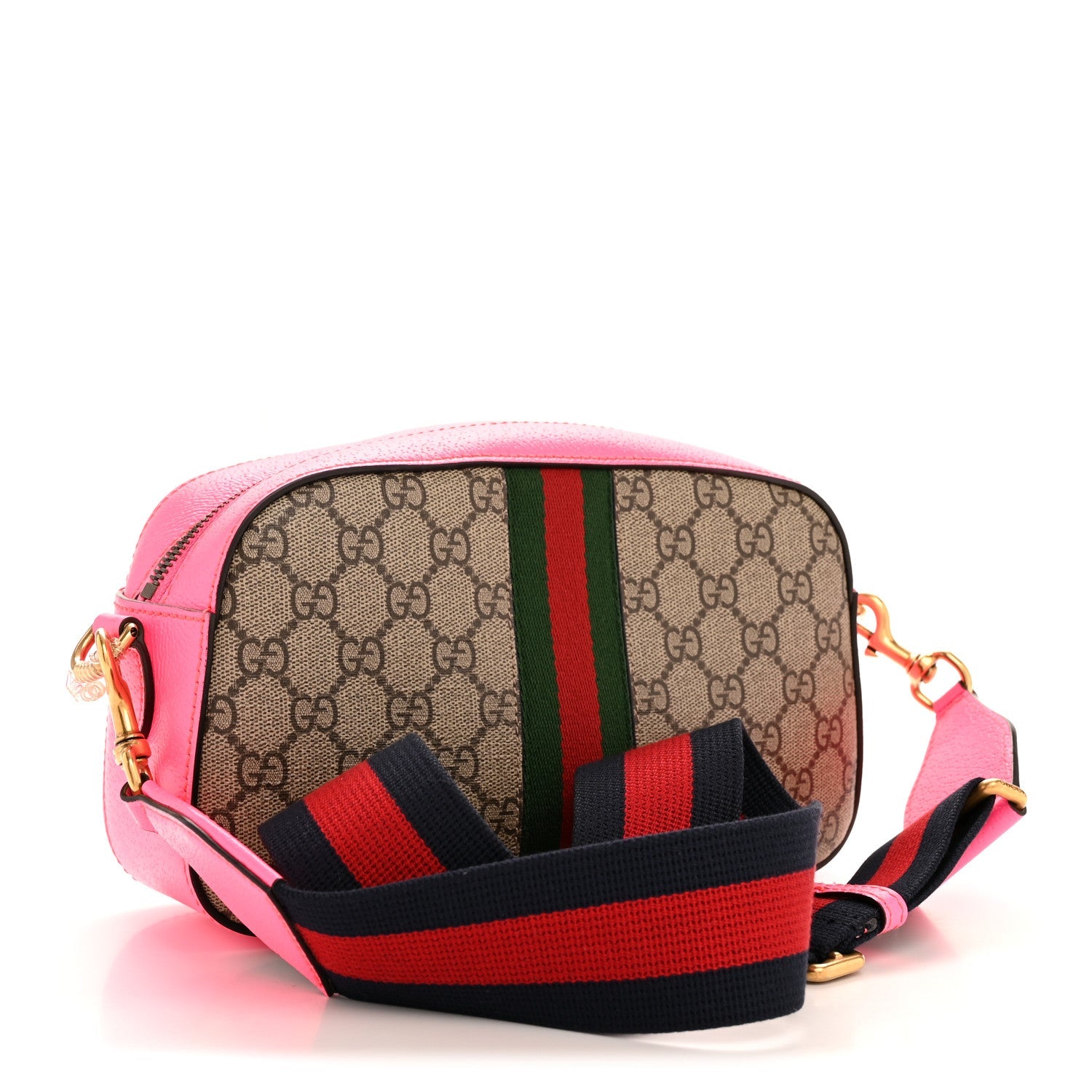 GG Supreme Monogram Textured Dollar Calfskin Web Ophidia Small Crossbody Bag Beige Ebony Fuchsia