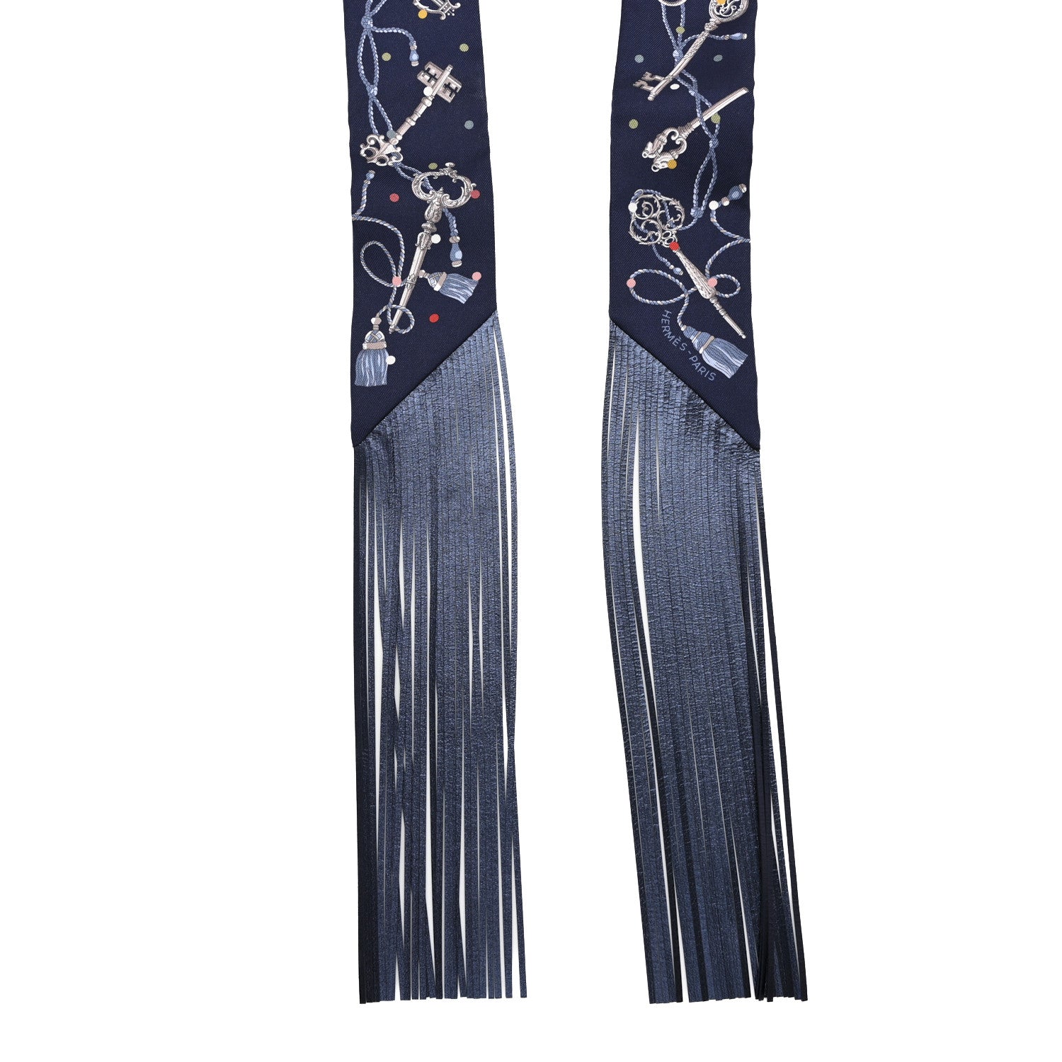 Silk Calfskin Les Cles A Pois Fringed Twilly Bleu Marine Gris Argent Multicolor