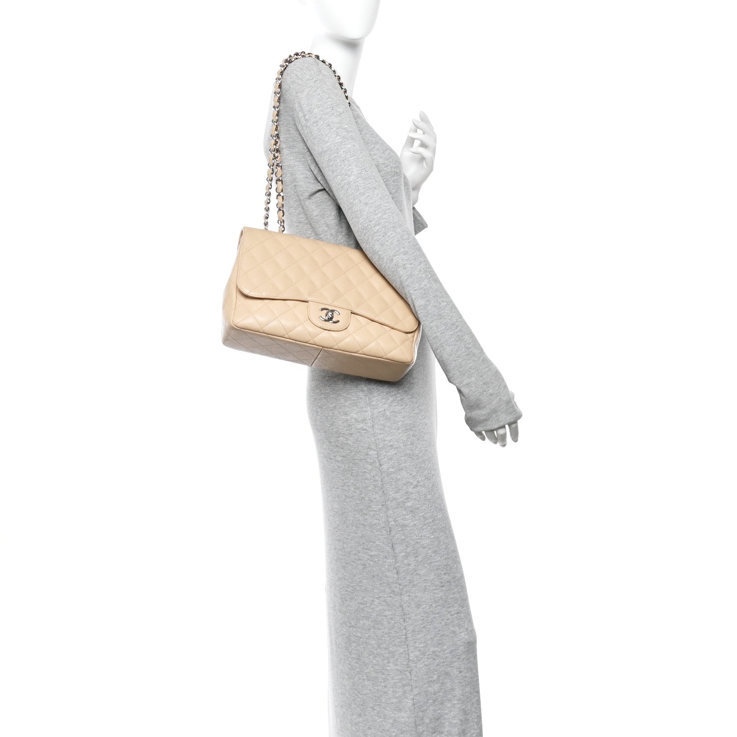 Caviar Quilted Jumbo Single Flap Beige Clair