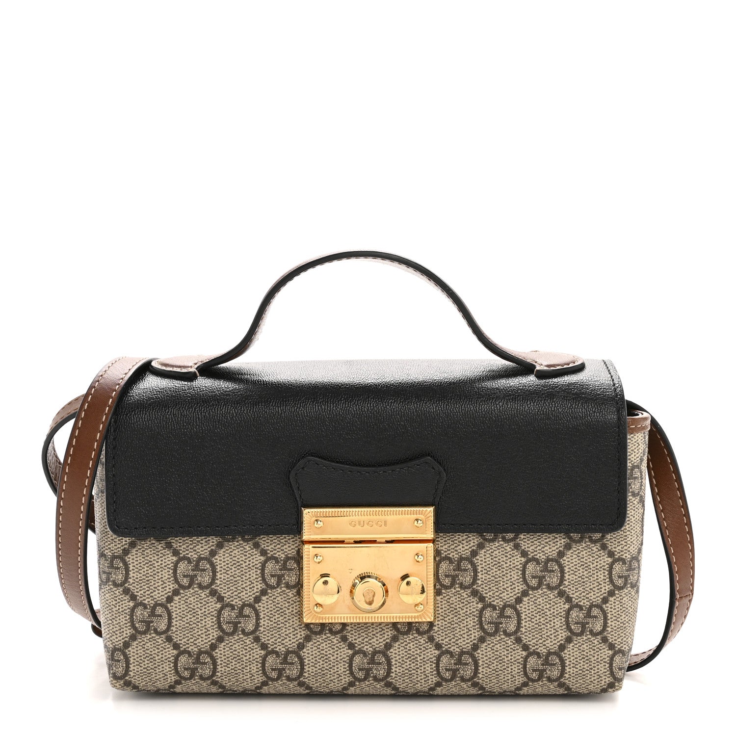 GG Supreme Monogram Calfskin Mini Padlock Top Handle Shoulder Bag Beige Black Cuir