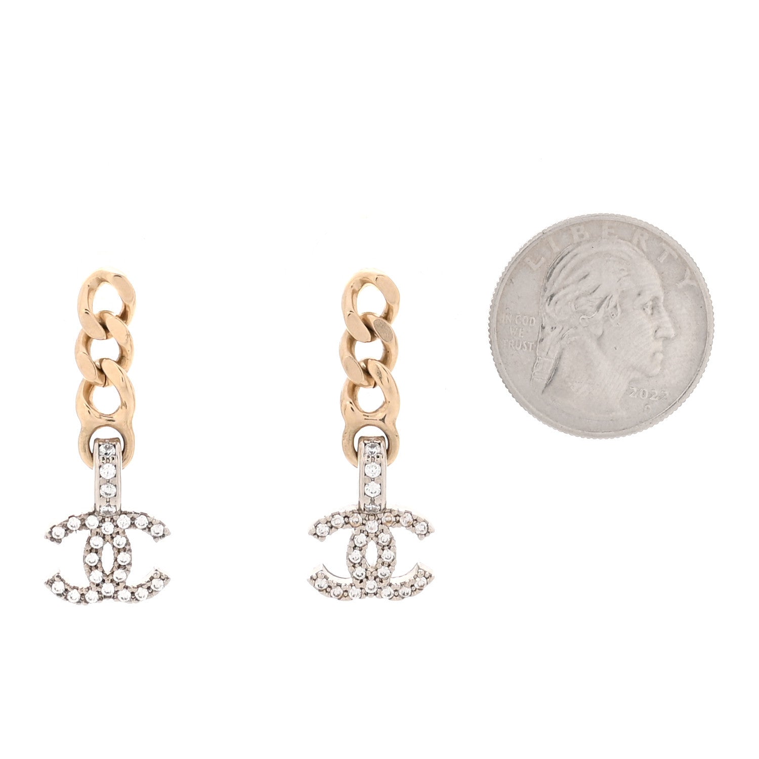 Metal Crystal CC Chain Drop Earrings Gold