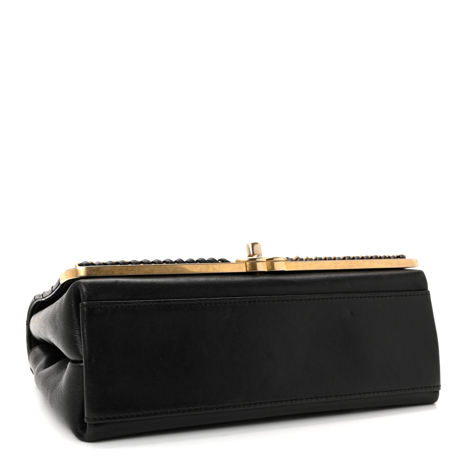 Sheepskin Chevron Stitched Chain Top Handle Flap Black