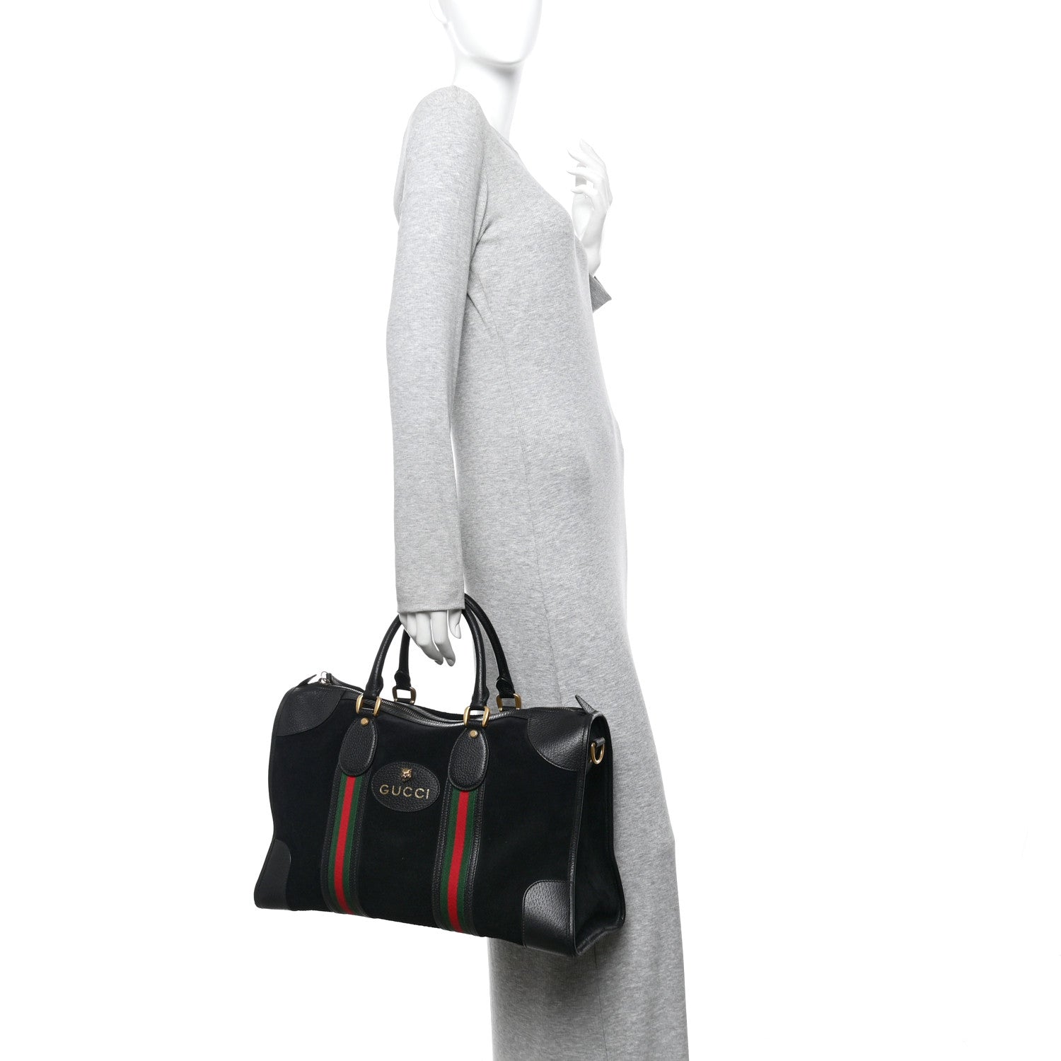 Suede Daino Textured Dollar Calfskin Web Medium Duffle Bag Black