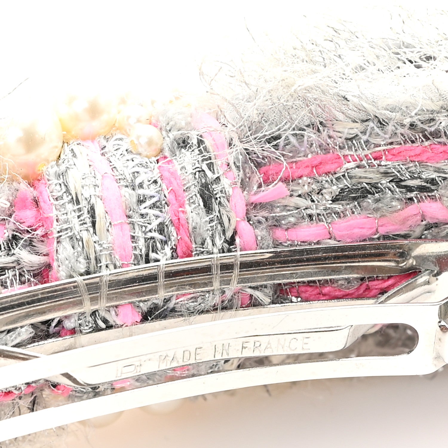 Metallic Tweed Pearl Bow Barrette Grey Pink