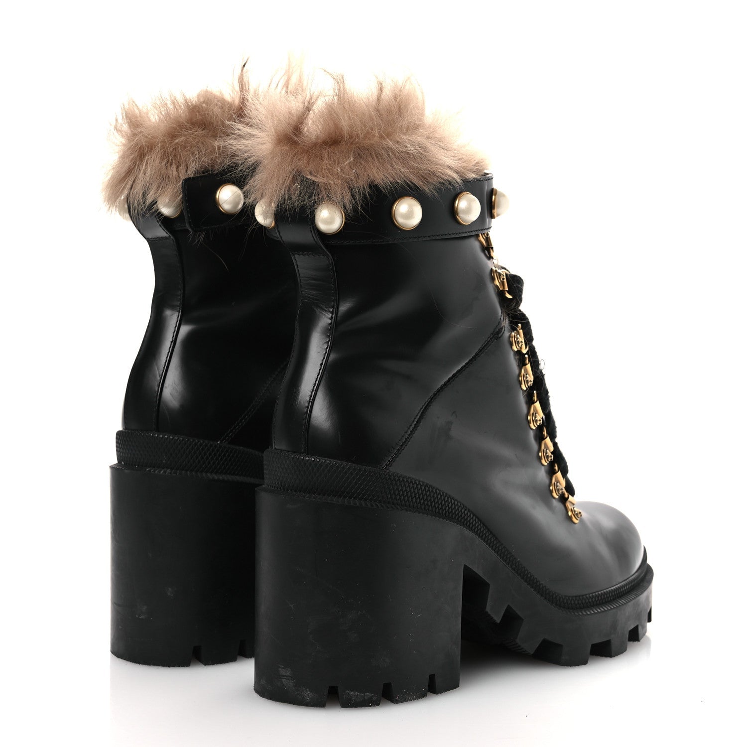 Magnum Calfskin Fur Pearl Lace Up Combat Ankle Boots 39.5 Black Naturale