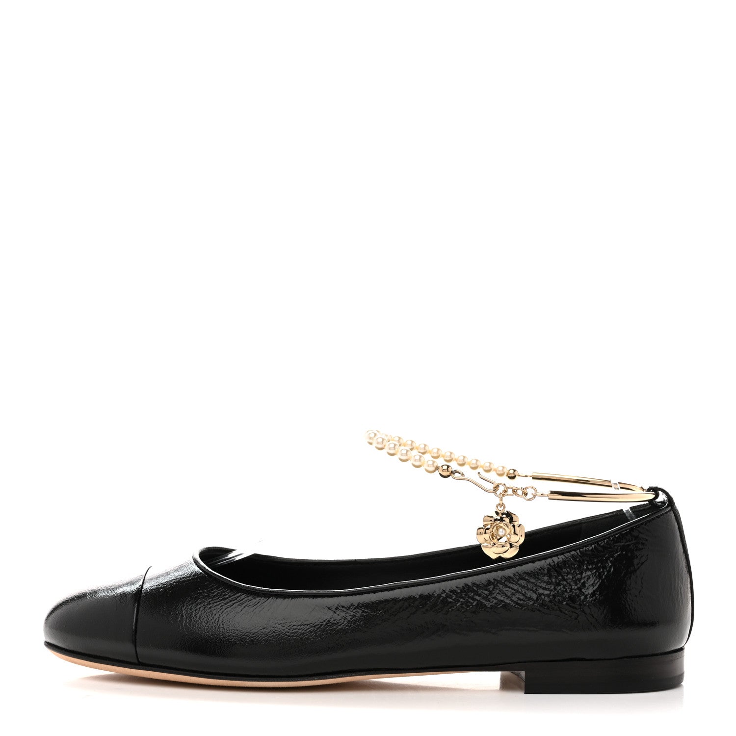 Shiny Lambskin Pearl Cap Toe Ankle Chain Ballerina Flats 39 Black