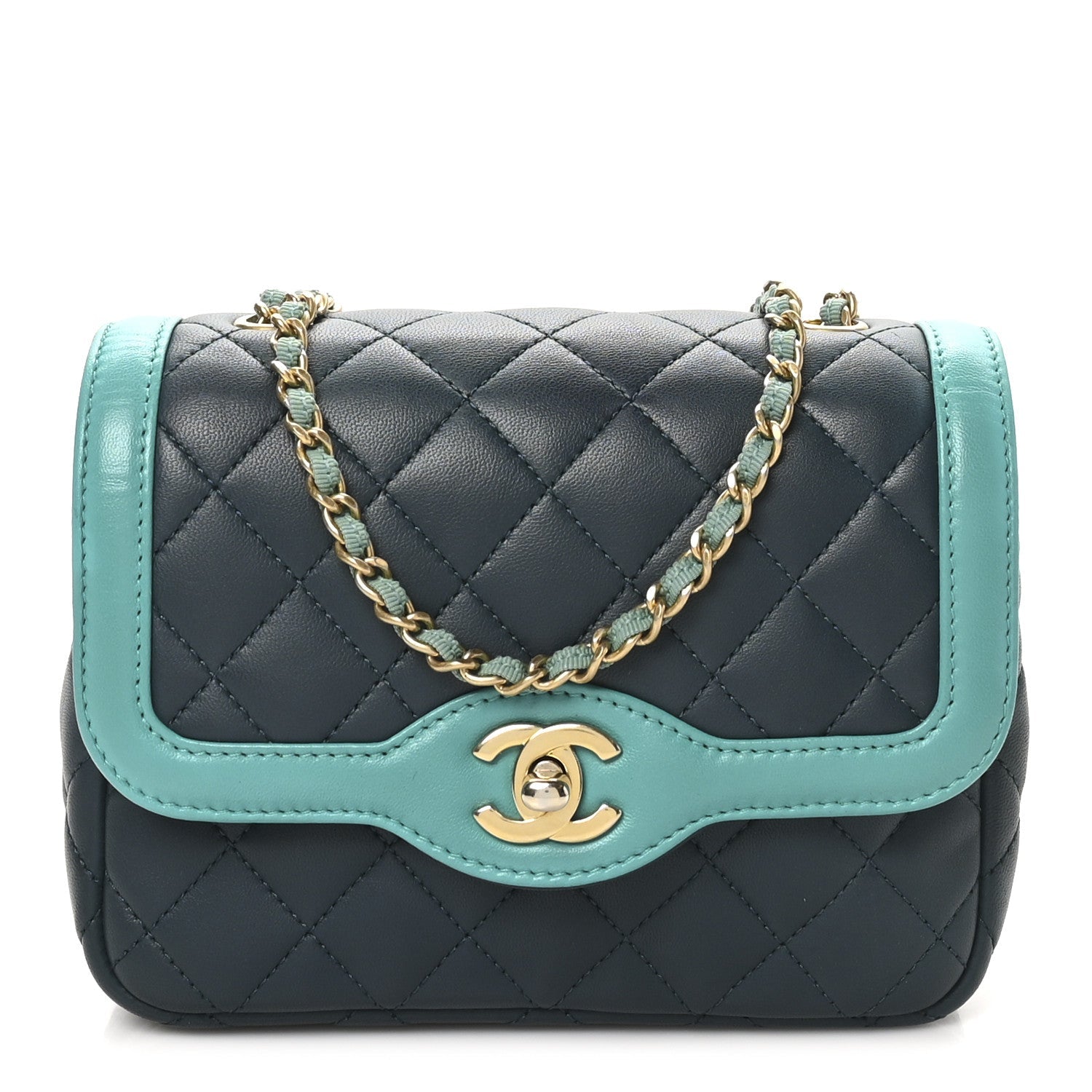 Lambskin Quilted Two Tone Day Flap Navy Turquoise