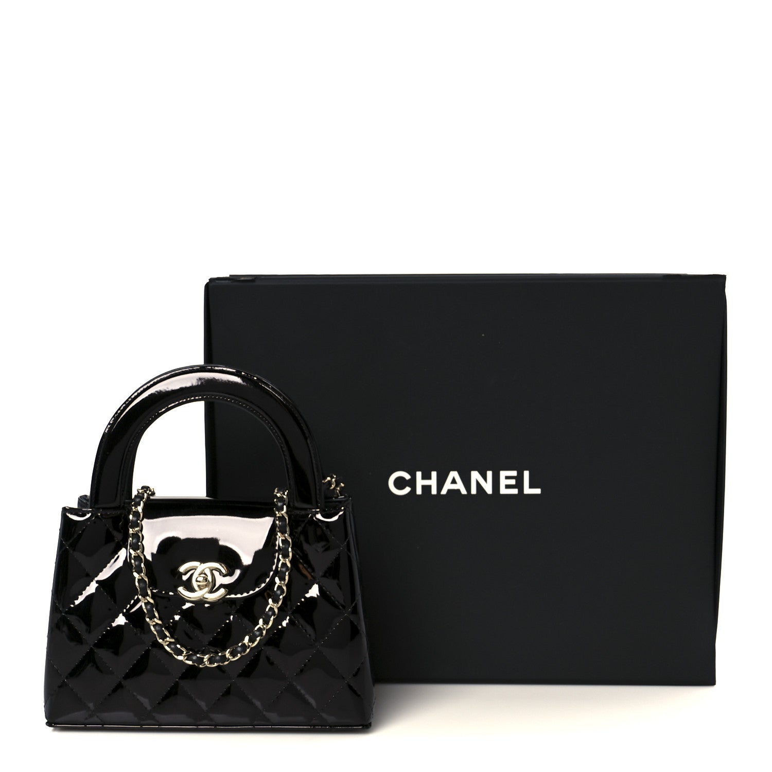 Mirror Calfskin Quilted Nano Kelly Shopper Black