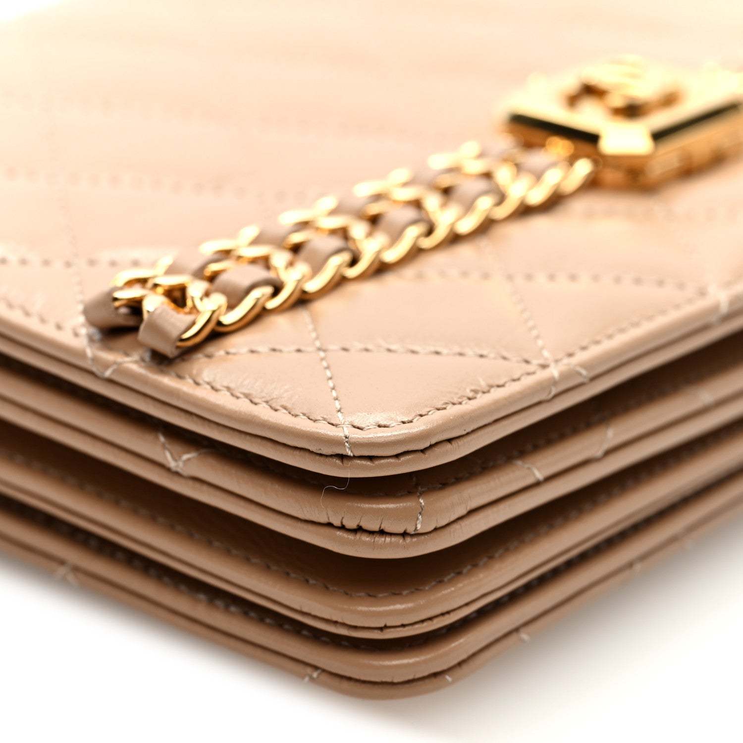 Shiny Aged Calfskin Quilted Clutch With Chain Dark Beige