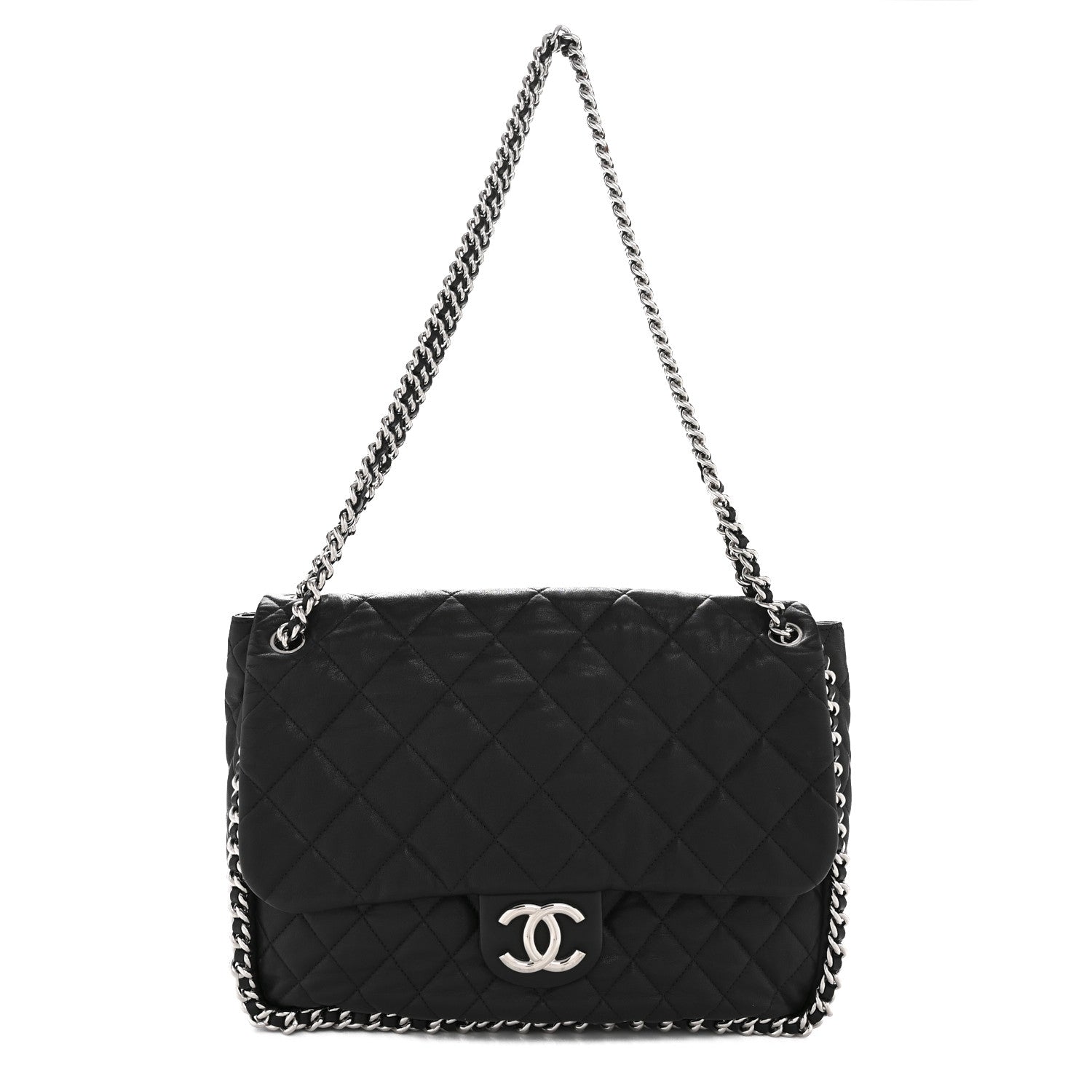 Washed Lambskin Quilted Maxi Chain Around Flap Black