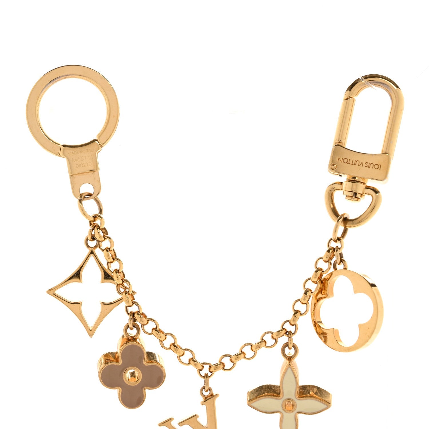 Brass Enamel Fleur De Monogram Bag Charm Chain Gold