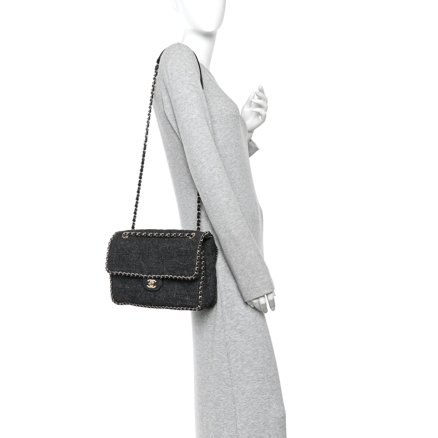 Wool Tweed Quilted Coco Neige Chain Around Flap Black