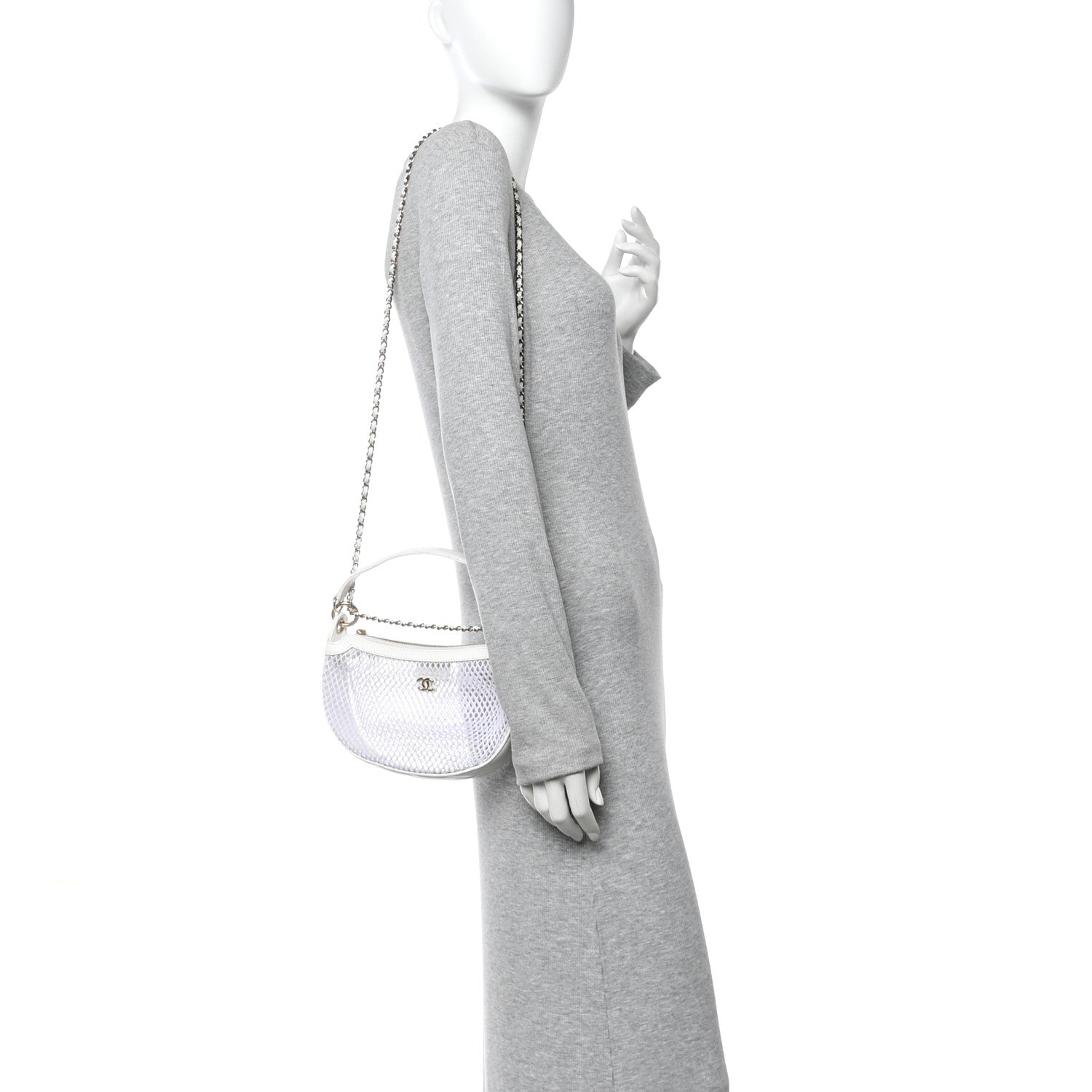 Mesh Shiny Lambskin Chain Hobo White