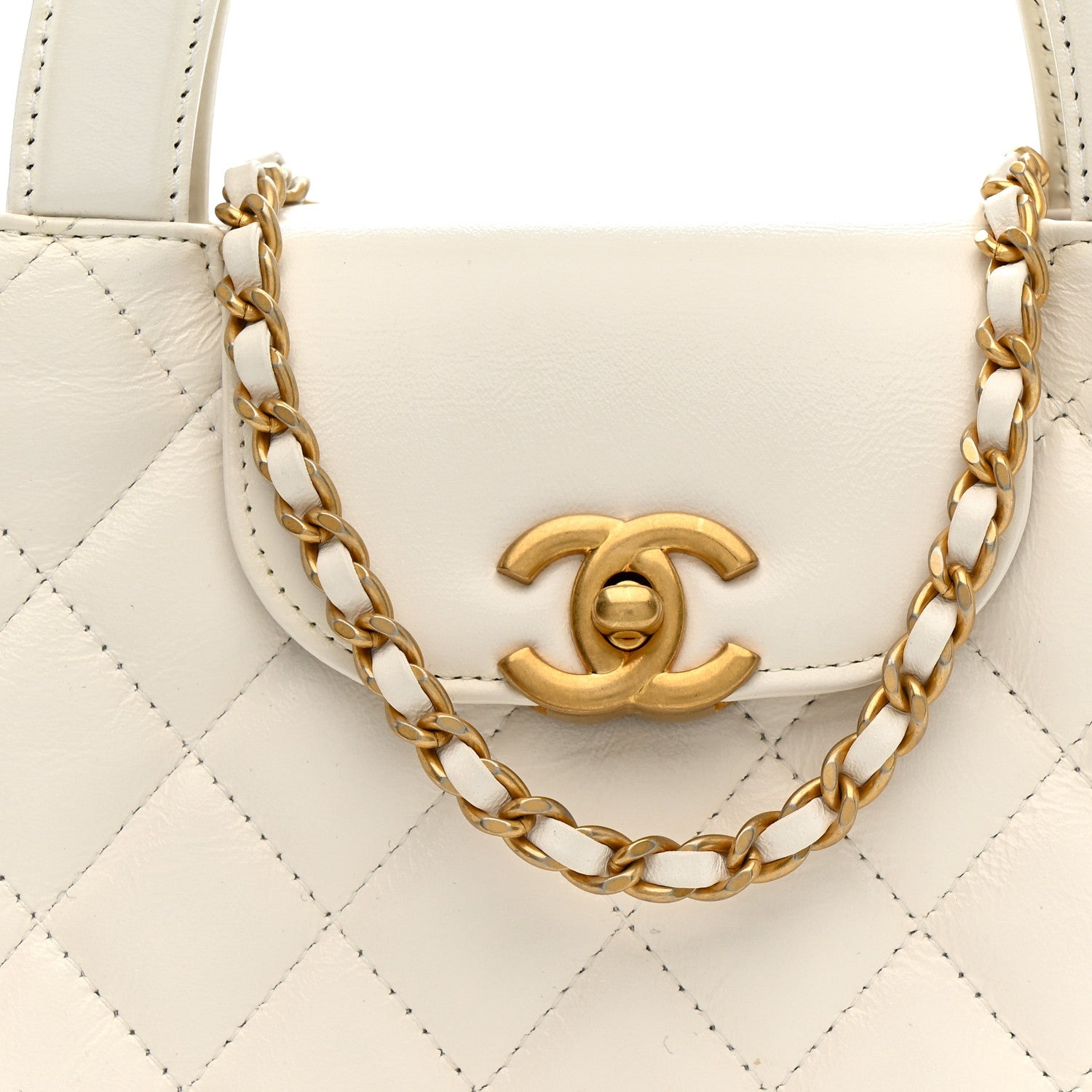 Shiny Aged Calfskin Quilted Nano Kelly Shopper White
