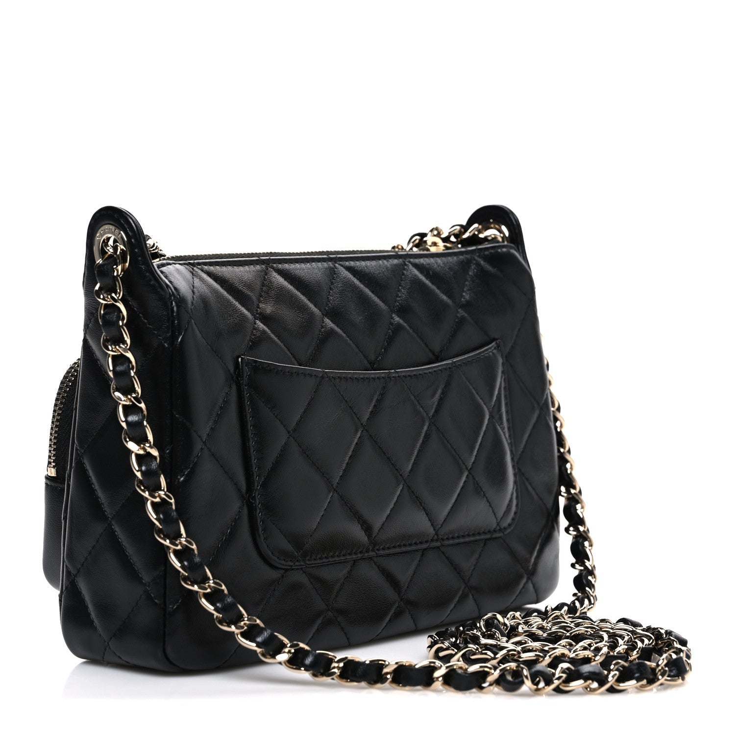Shiny Crumpled Lambskin Quilted Small Preppy Pocket Clutch With Chain Black