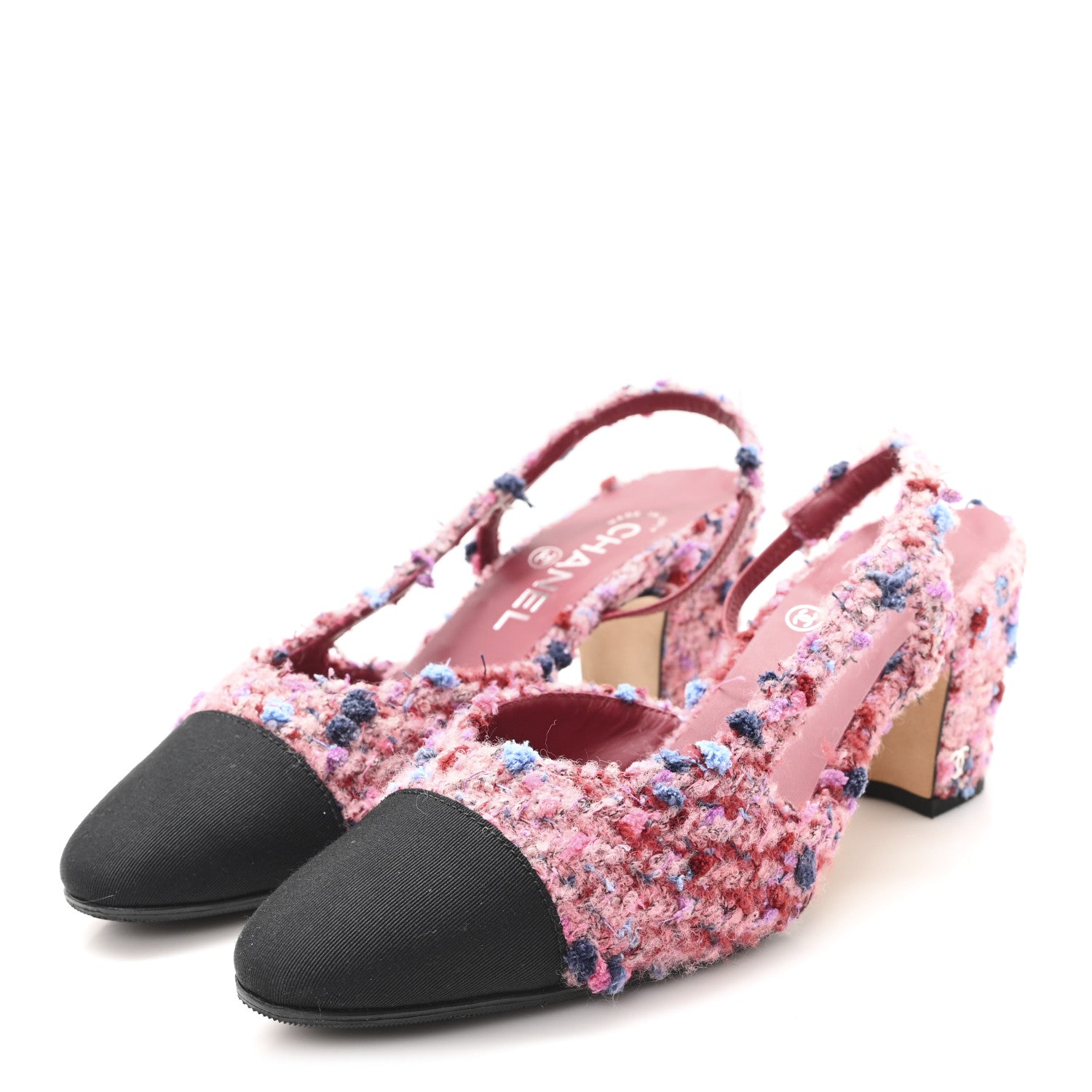 Tweed Grosgrain Cap Toe CC Slingback Pumps 36.5 Pink Black