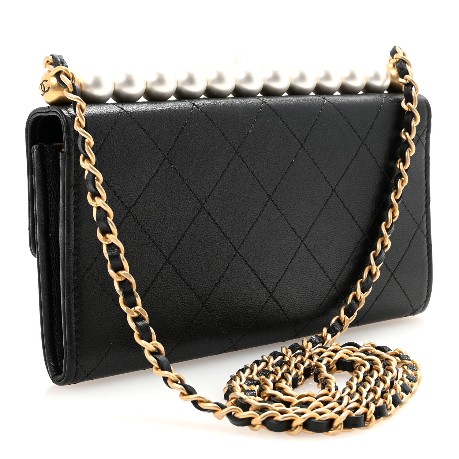 Goatskin Quilted Chic Pearls Clutch With Chain Black