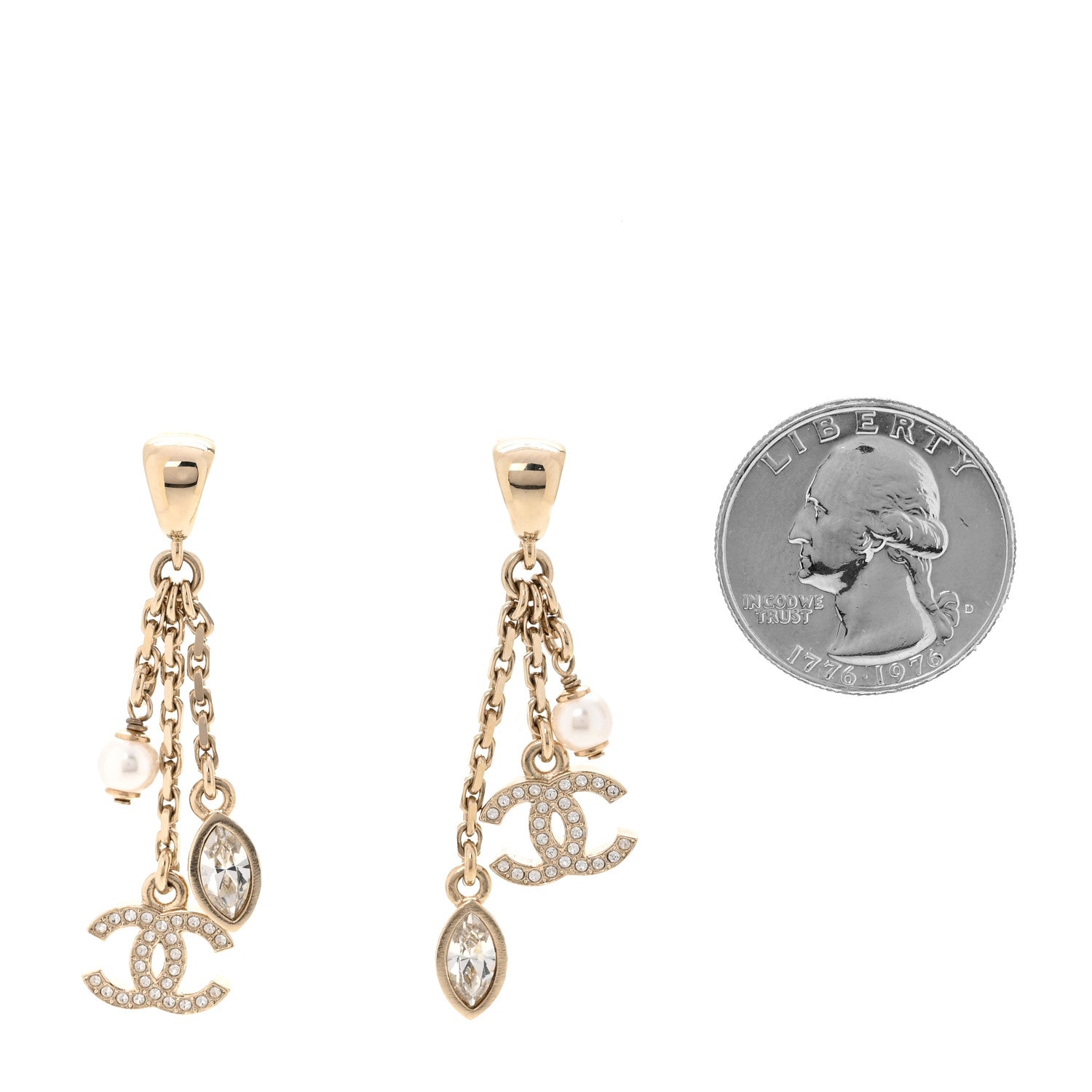 Strass Crystal Pearl CC Drop Earrings Gold