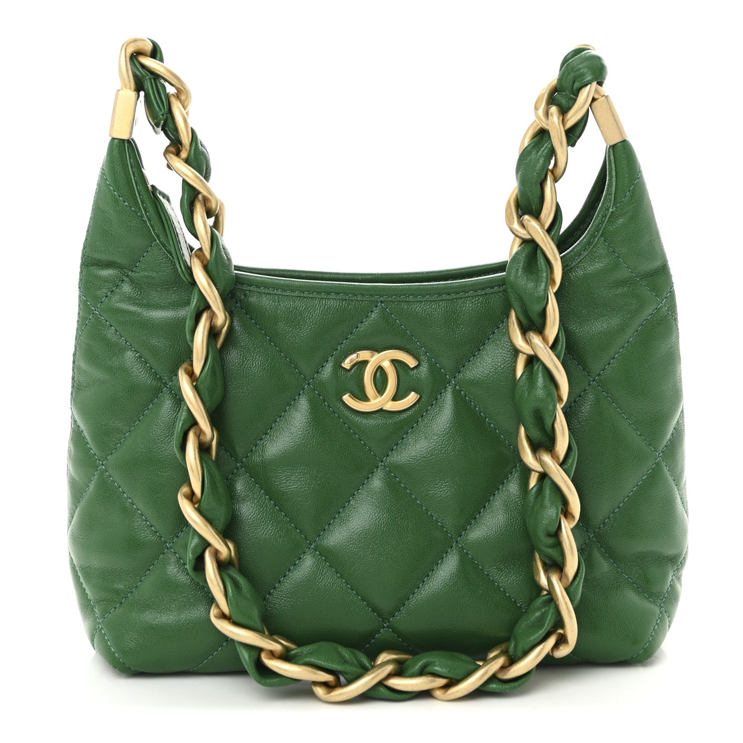 Shiny Crumpled Lambskin Quilted Small CC Funky Town Hobo Green