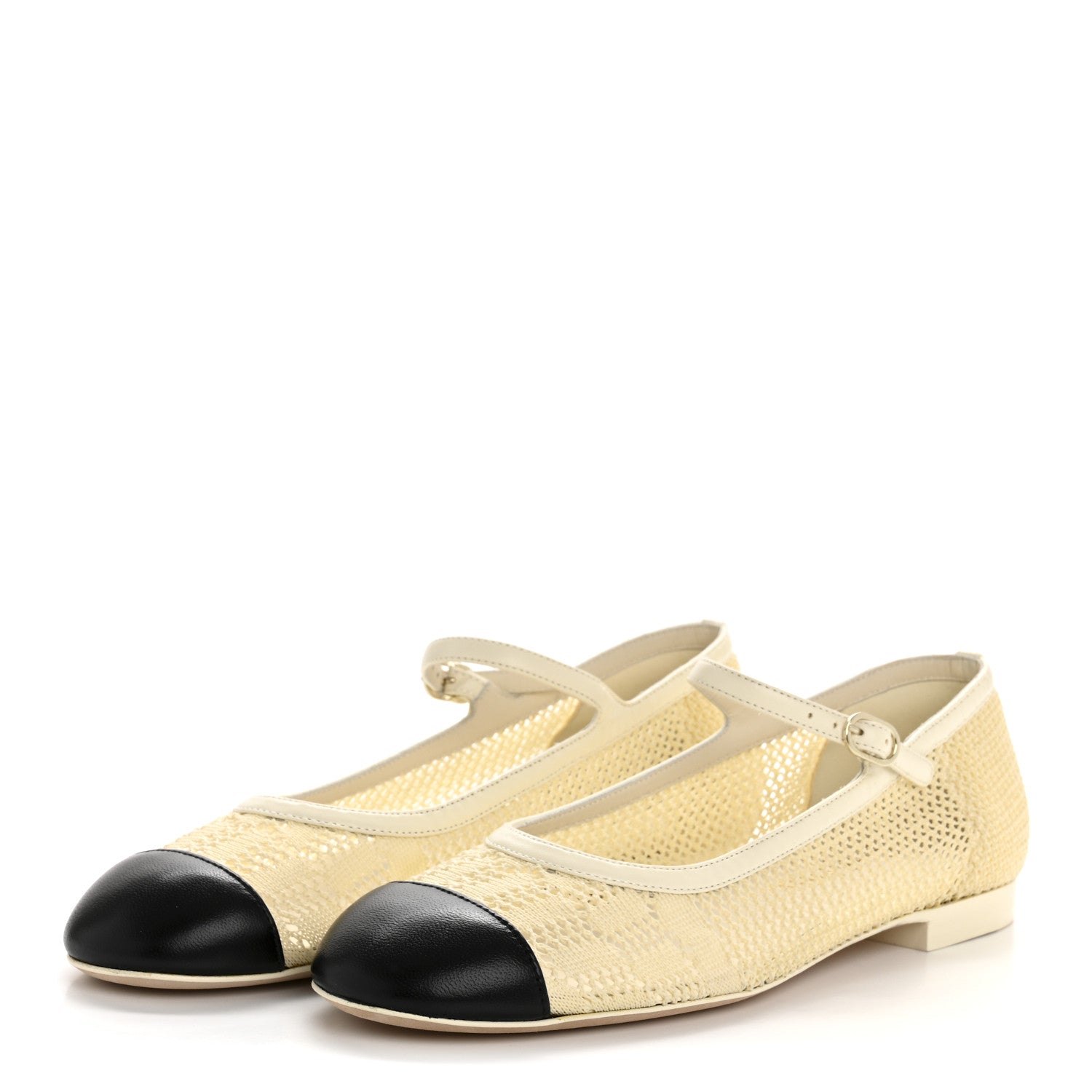 Crochet Lambskin Cap Toe Mary Jane Flats 38 Natural Beige Black