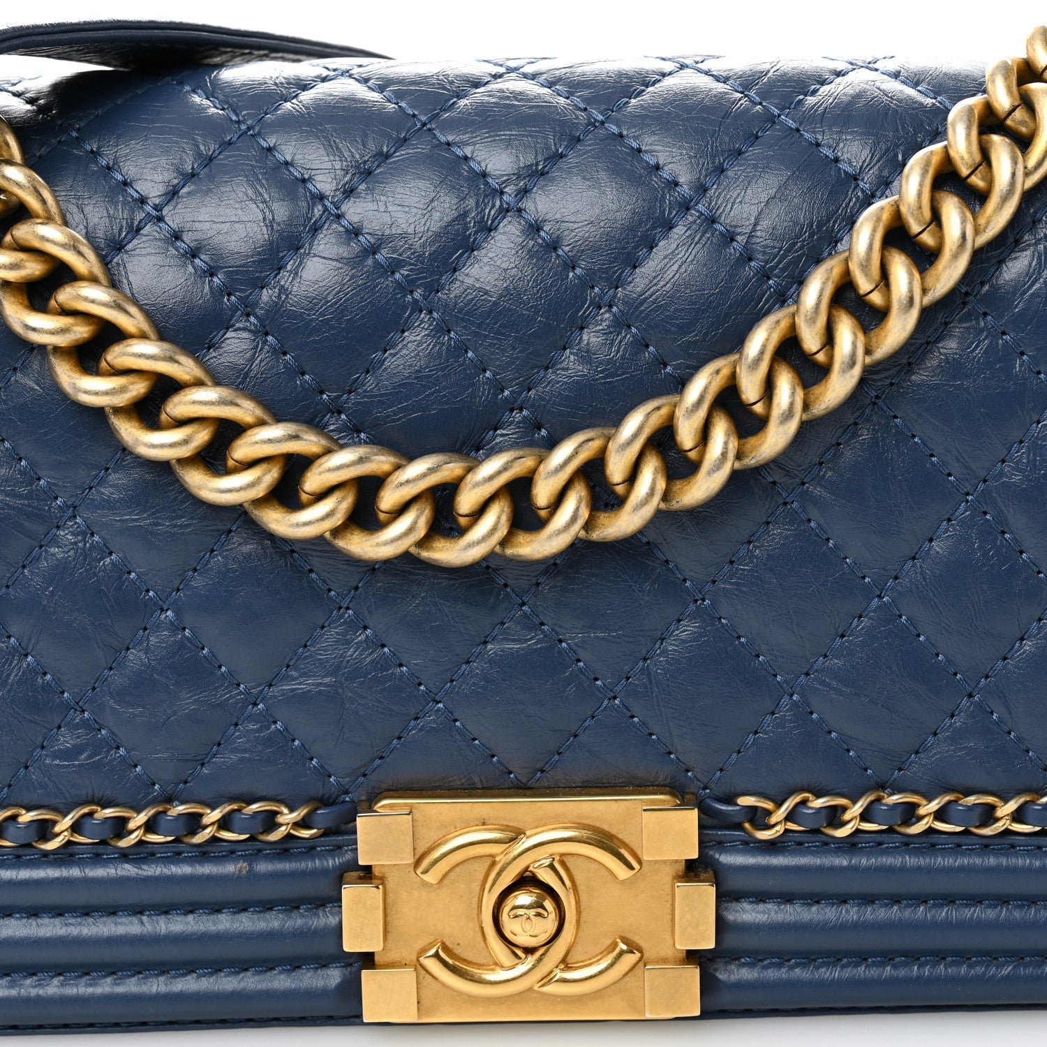 Aged Calfskin Quilted Medium Chain Detail Boy Flap Blue
