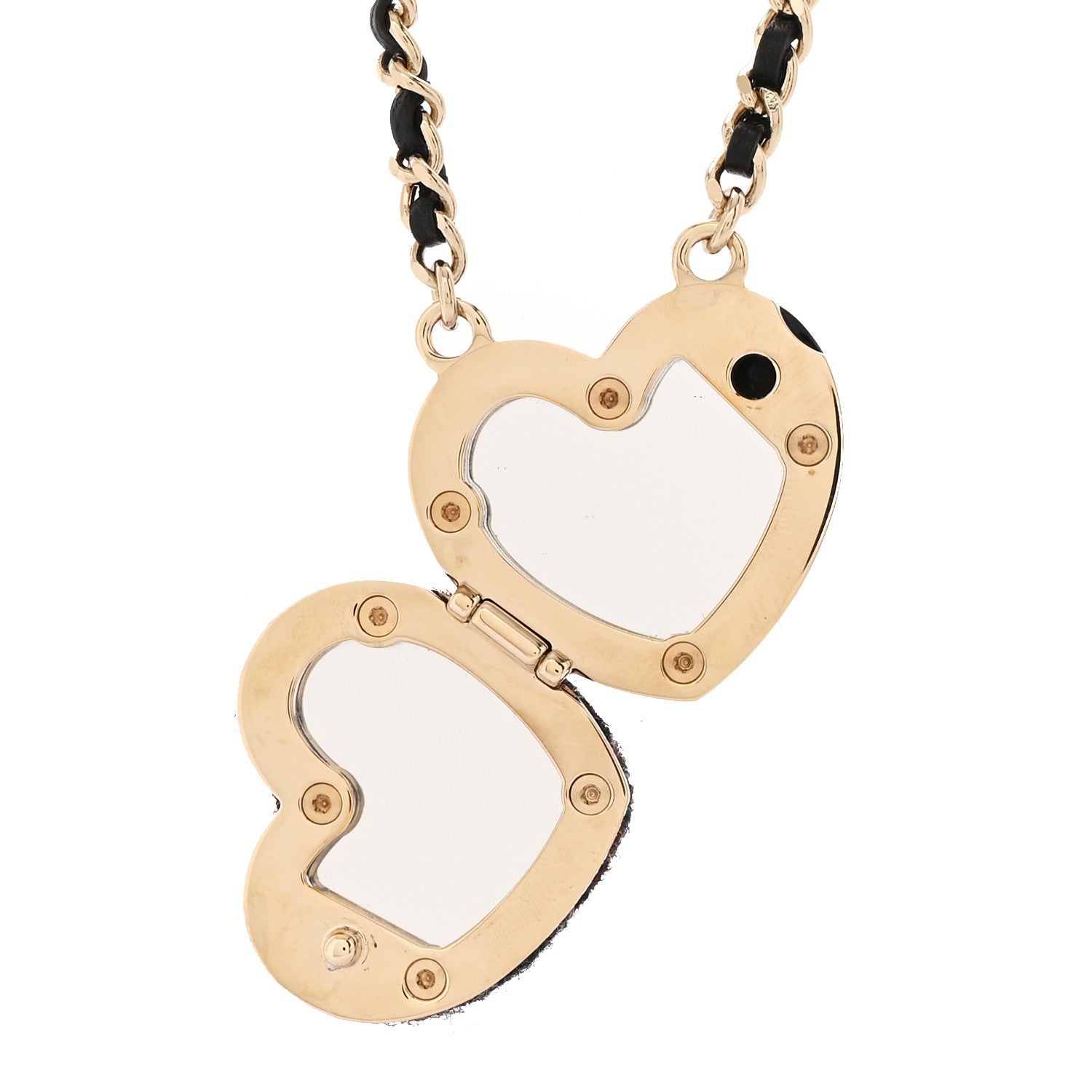 Tweed Lambskin CC Heart Locket Necklace Gold Black Beige