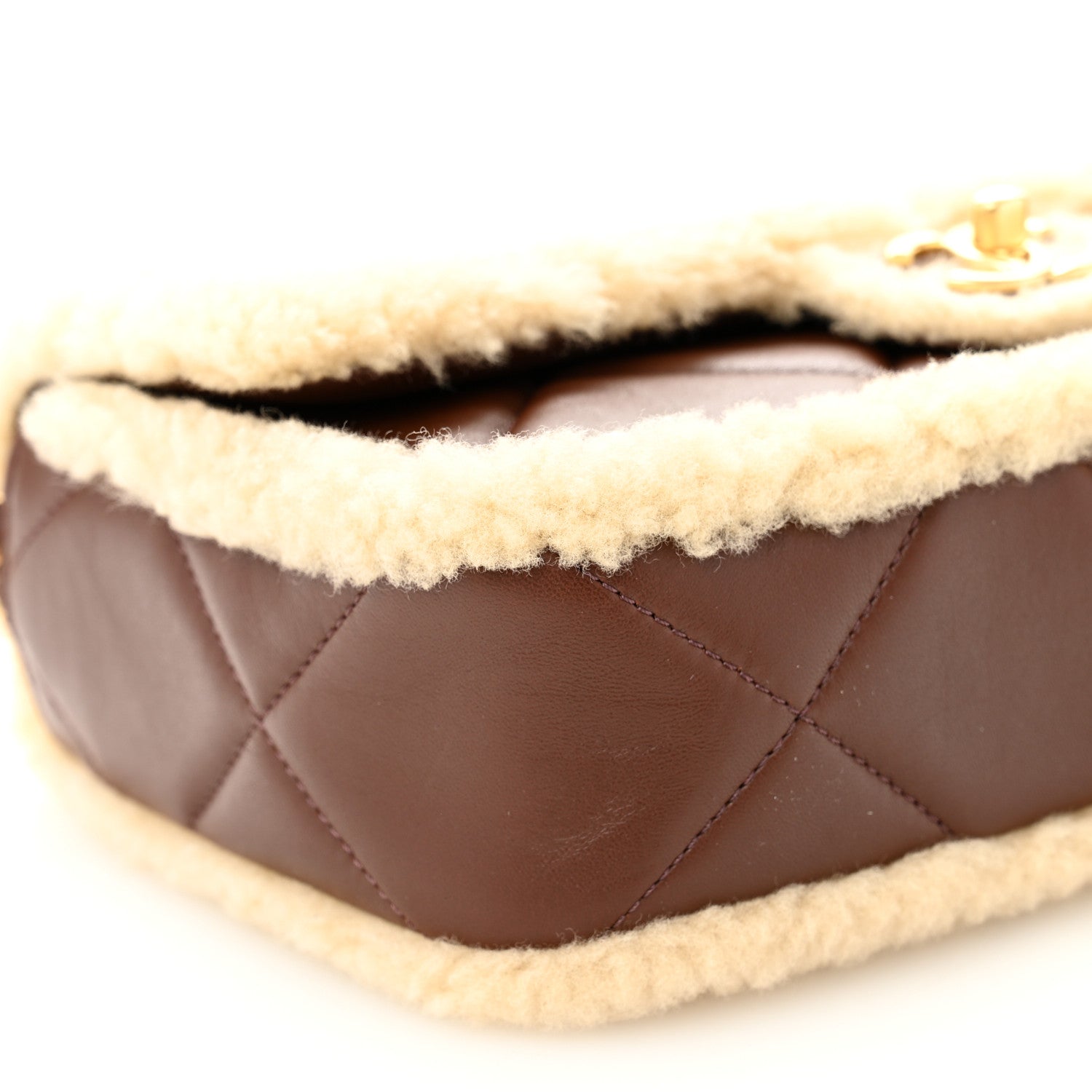 Shearling Lambskin Quilted Furry Coco Flap Beige Dark Brown