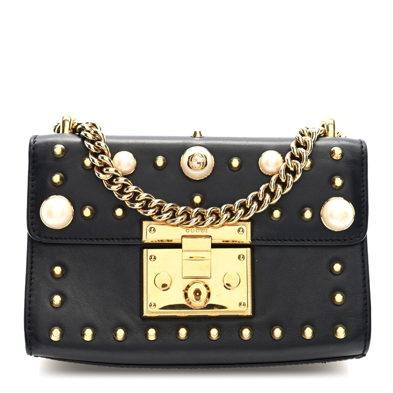 Calfskin Studded Small Padlock Shoulder Bag Black