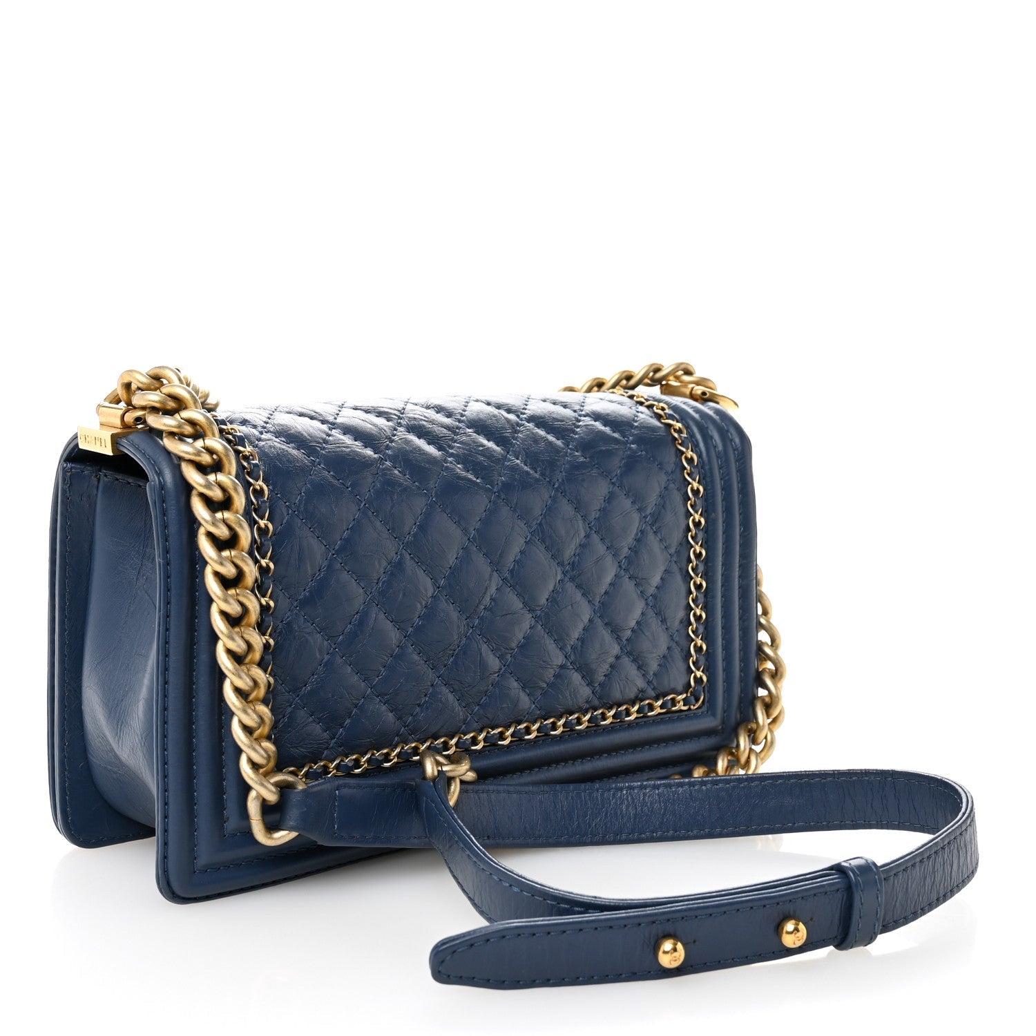 Aged Calfskin Quilted Medium Chain Detail Boy Flap Blue