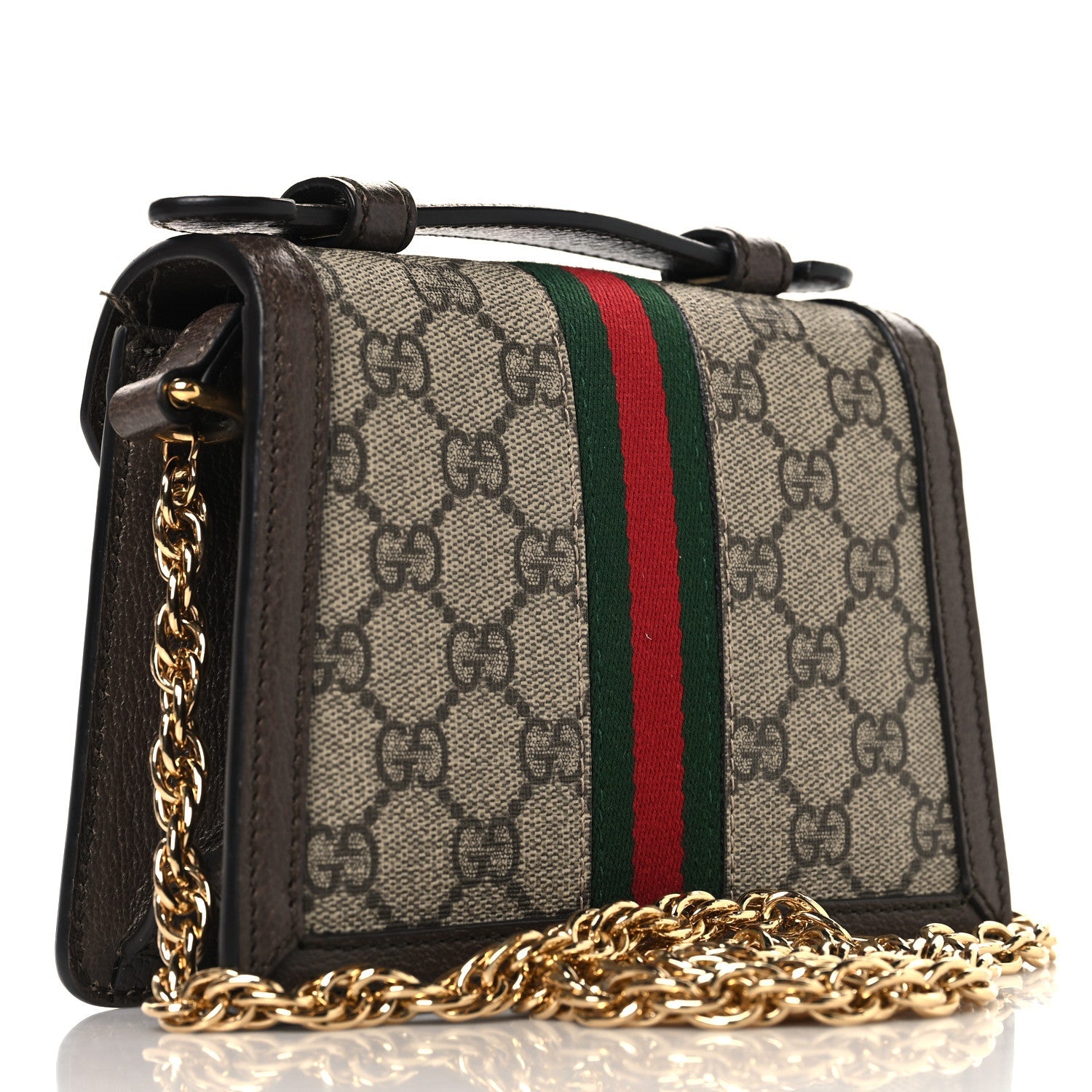 GG Supreme Monogram Textured Dollar Calfskin Web Mini Ophidia Padlock Top Handle Chain Shoulder Bag Beige Ebony New Acero