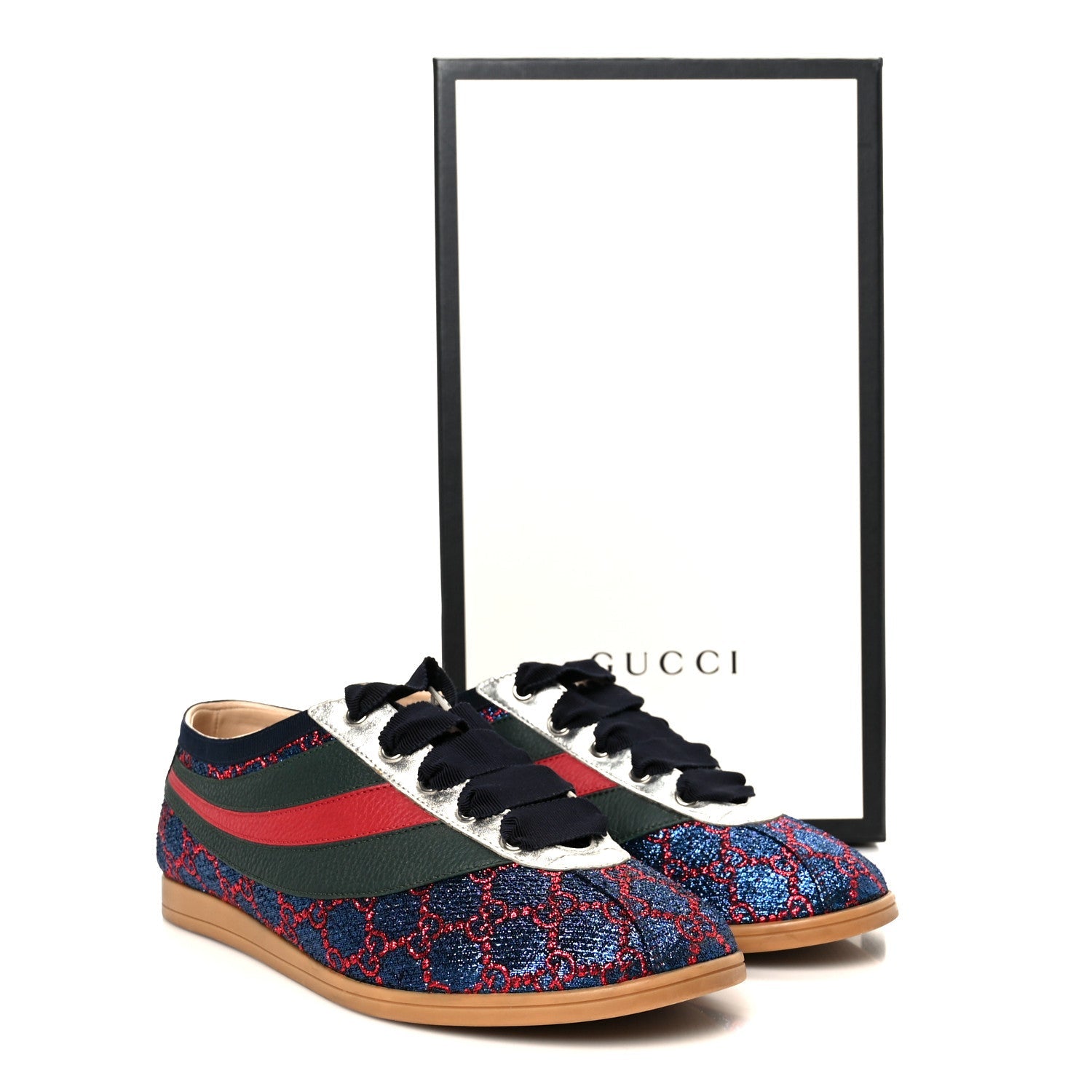 Lurex Calfskin Web GG Monogram Mens Falacer Sneakers 8.5 Iridescent Blue Iridescent Red Silver